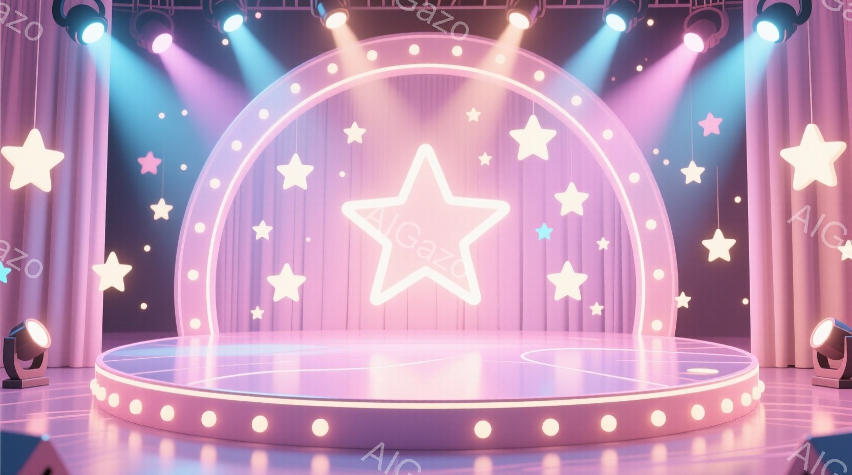ピンクと紫を基調としたステージを描いています。ステージは円形で、周囲には白い水玉模様があり、背景にはネオンピンクの大きな星と小さな星が散りばめられています。上部にはネオンピンクの光る円があり、その中央に大きな星が輝いています。