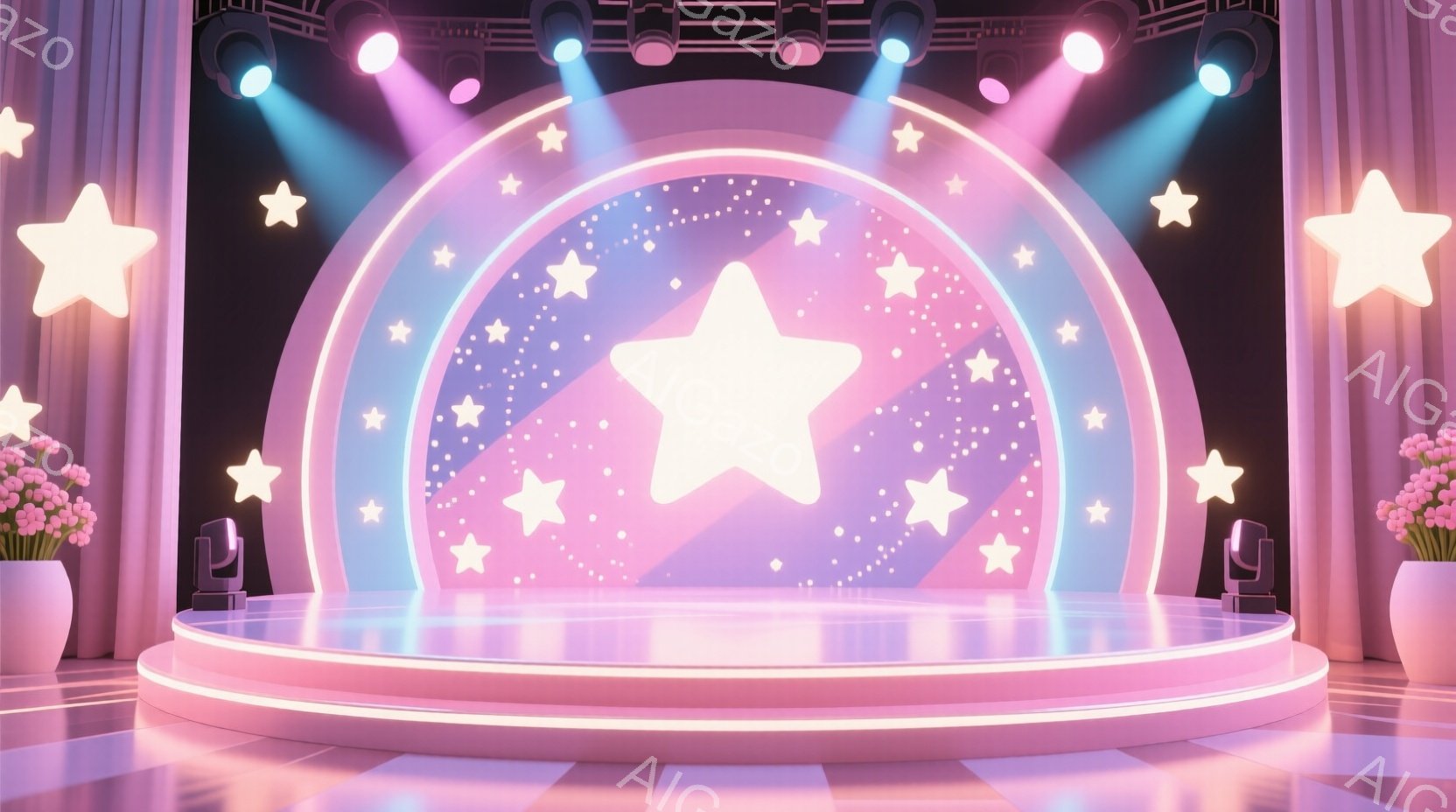 舞台セットが写っており、中央に大きな星形のスポットライトが照らされた白い円形のプラットフォームがあります。背景は暗く、さまざまな大きさの星が散りばめられており、全体的に夢幻的で華やかな雰囲気を醸し出しています。プラットフォームの左右には植物が配置された花瓶があり、ステージ全体が光り輝き、特別なイベントやパフォーマンスが行われる場所であることを示唆しています。