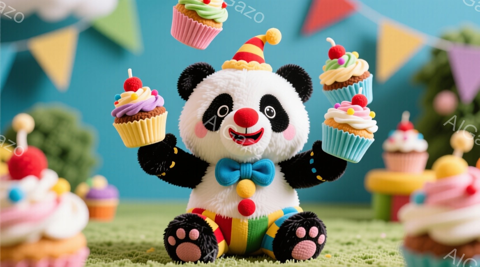 ふわふわのパンダのぬいぐるみは、カラフルなピエロの衣装を着て、青い蝶ネクタイと赤い鼻が特徴的です。両手にカップケーキを乗せてバランスを取りながら座っており、楽しそうな表情をしています。背景には緑色の芝 - AI生成フリー素材