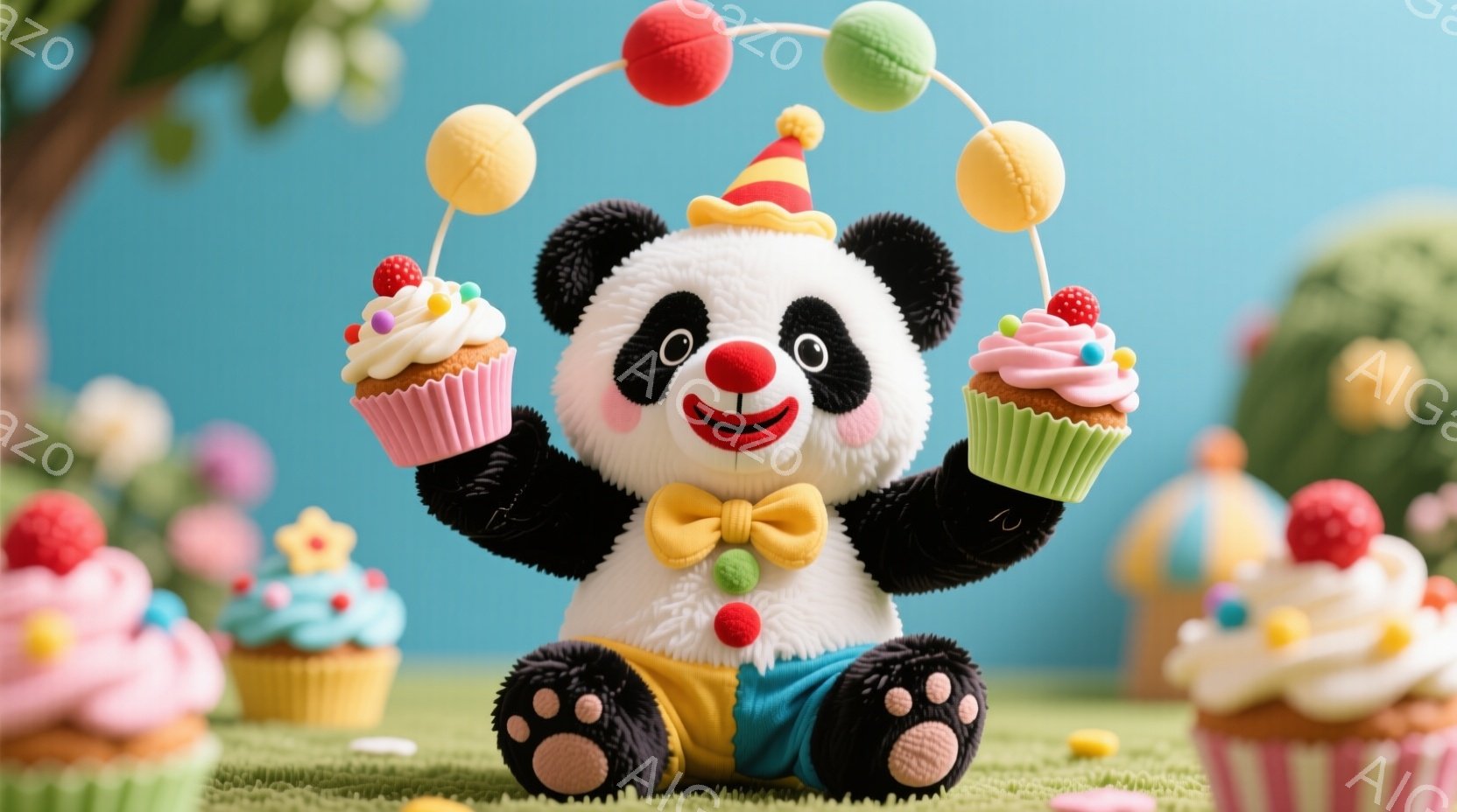 白と黒のパンダが、カラフルなサーカスの衣装を着て、カップケーキとボールをジャグリングしています。パンダは大きな笑顔で、楽しそうに座っており、背景にはパステルカラーのカップケーキや緑の芝生が見えます。全 - AI生成フリー素材