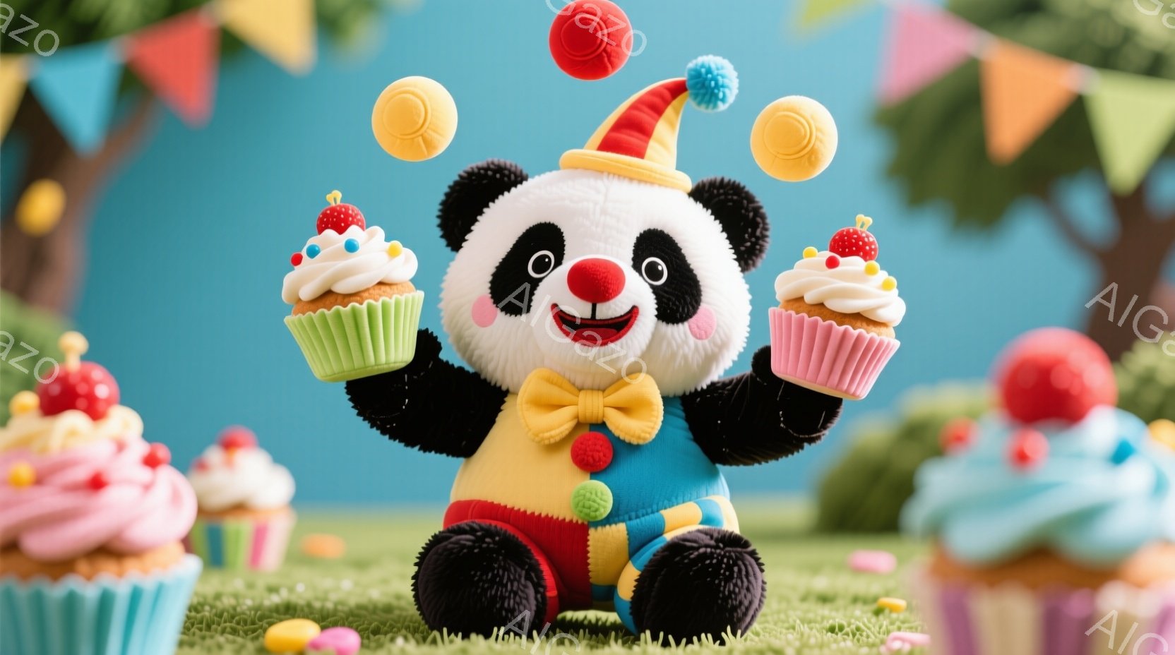 白黒のパンダが、カラフルなピエロの衣装を着て、腕を広げて立っています。頭にはポンポンがついた赤い帽子があり、顔は可愛らしく、微笑んでいます。背景には緑の芝生、カラフルな風船、そしてお菓子のようなカップ - AI生成フリー素材