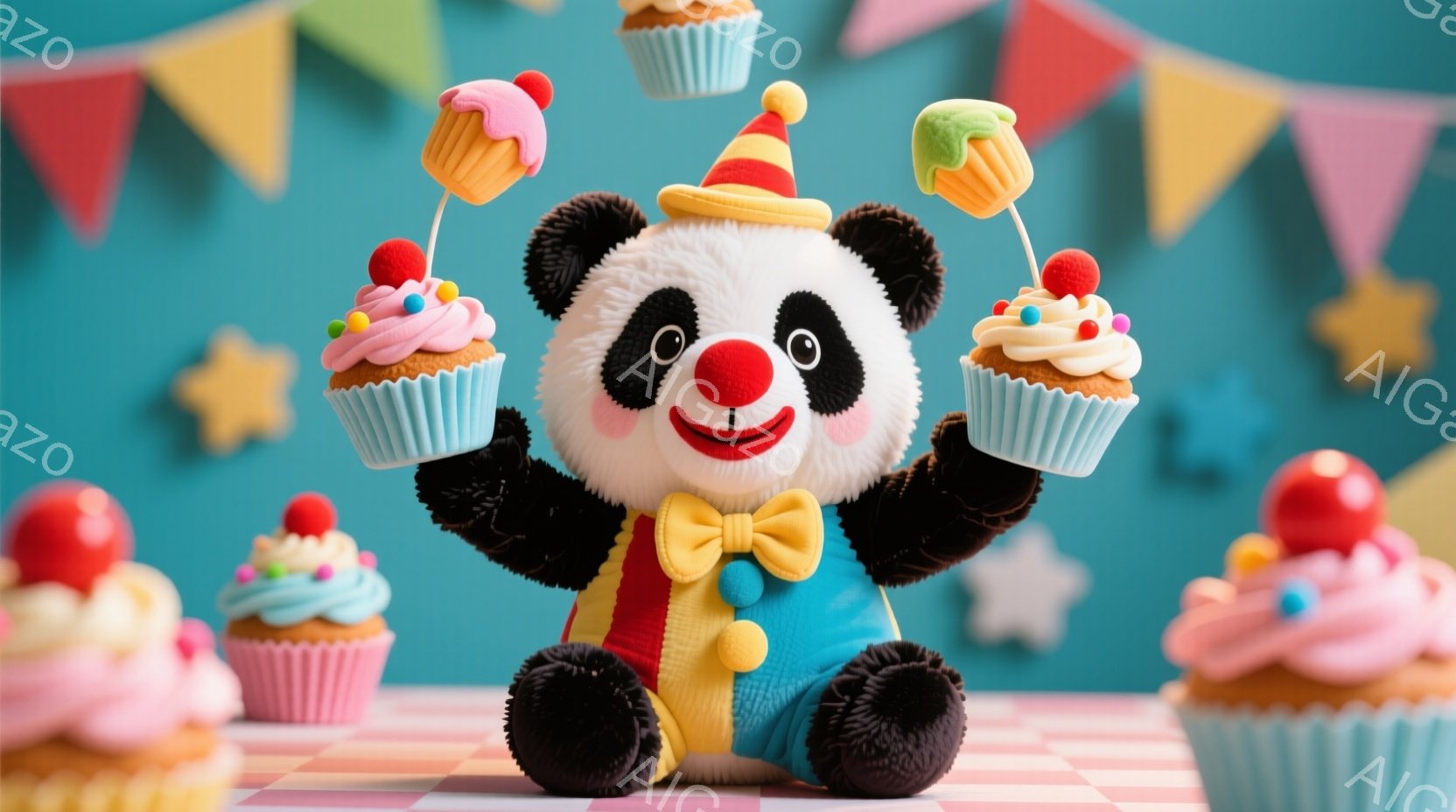 ふわふわのパンダのぬいぐるみは、カラフルなピエロの衣装を着て、頭には赤い帽子をかぶっています。笑顔で複数のカップケーキを巧みに操り、楽しげな雰囲気を作り出しています。背景には、ピンク、黄色、青のストラ - AI生成フリー素材