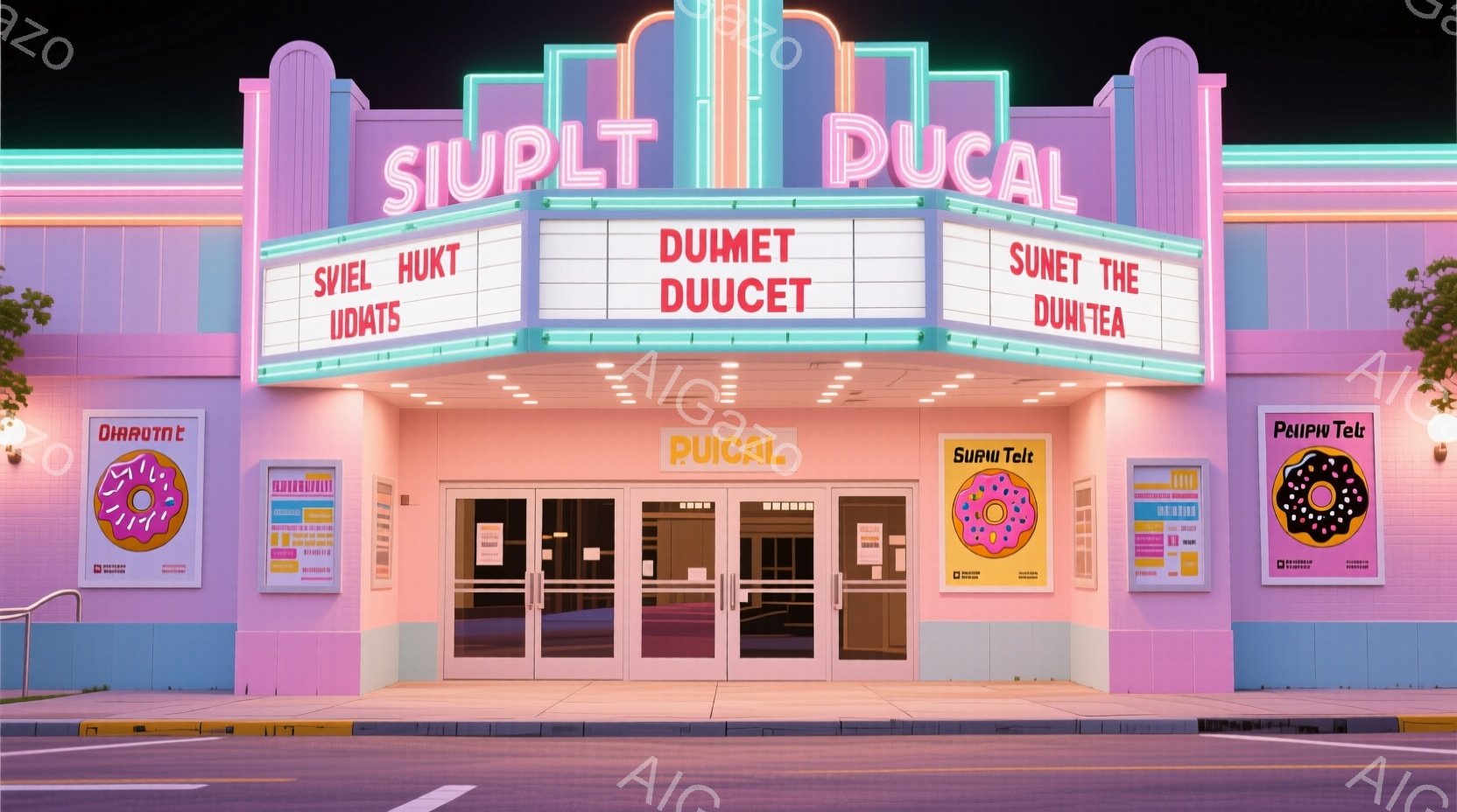 鮮やかなピンクと紫色の劇場が写っており、ネオンサインが輝いている。劇場前には、ドーナツ柄のポスターが飾られ、入り口はガラス扉で、劇場全体がレトロでポップな雰囲気を醸し出している。背景は暗く、劇場が際立っており、映画鑑賞への期待感を高めるような印象を受ける。