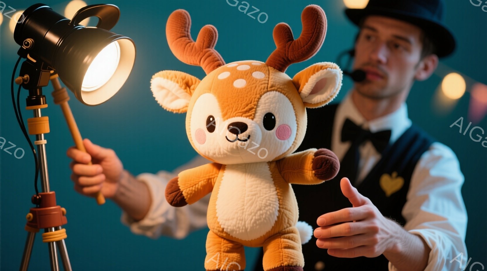 人物はマイクを持ち、ディープスタンドを使用することが示唆されています。着物は黒で、洗練された髪型、表情はニコッとしています。背景は深い青色で、暗い空間が特徴です。全体的に、ミステリーな雰囲気が感じられます。