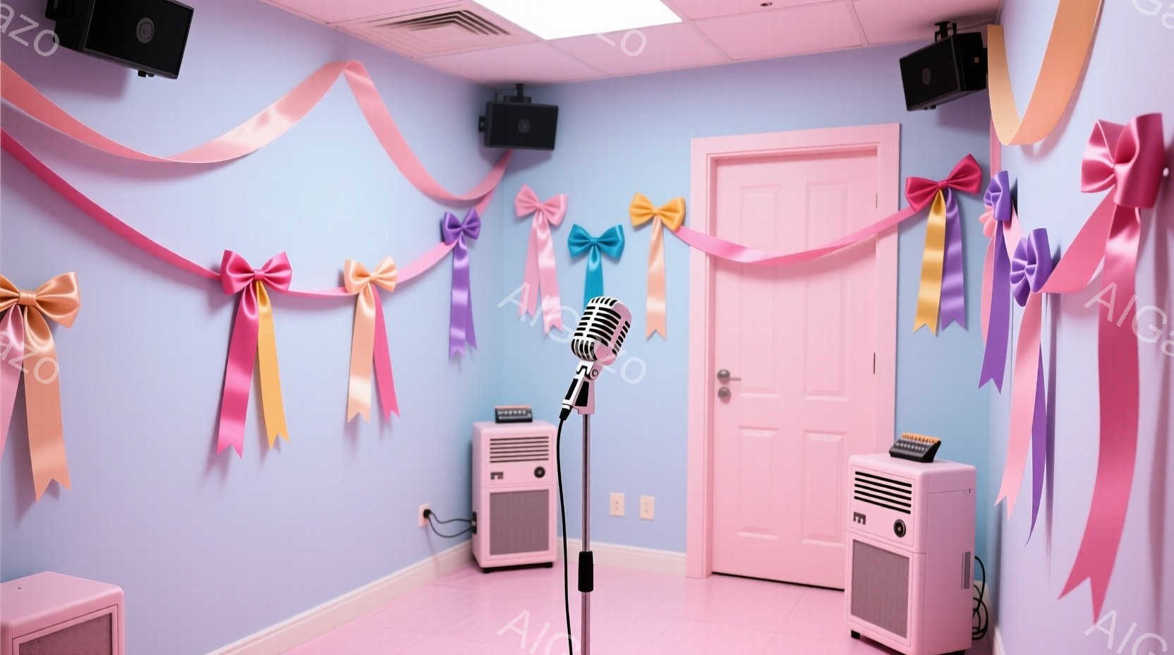淡い水色の壁が印象的な部屋で、ピンク色のリボンや装飾が天井から吊り下げられています。中央には、レトロなマイクとスピーカーが設置されており、カラオケボックスや音楽スタジオのような雰囲気が漂っています。全体的にパステルカラーで統一され、明るく可愛らしい空間を作り出しています。