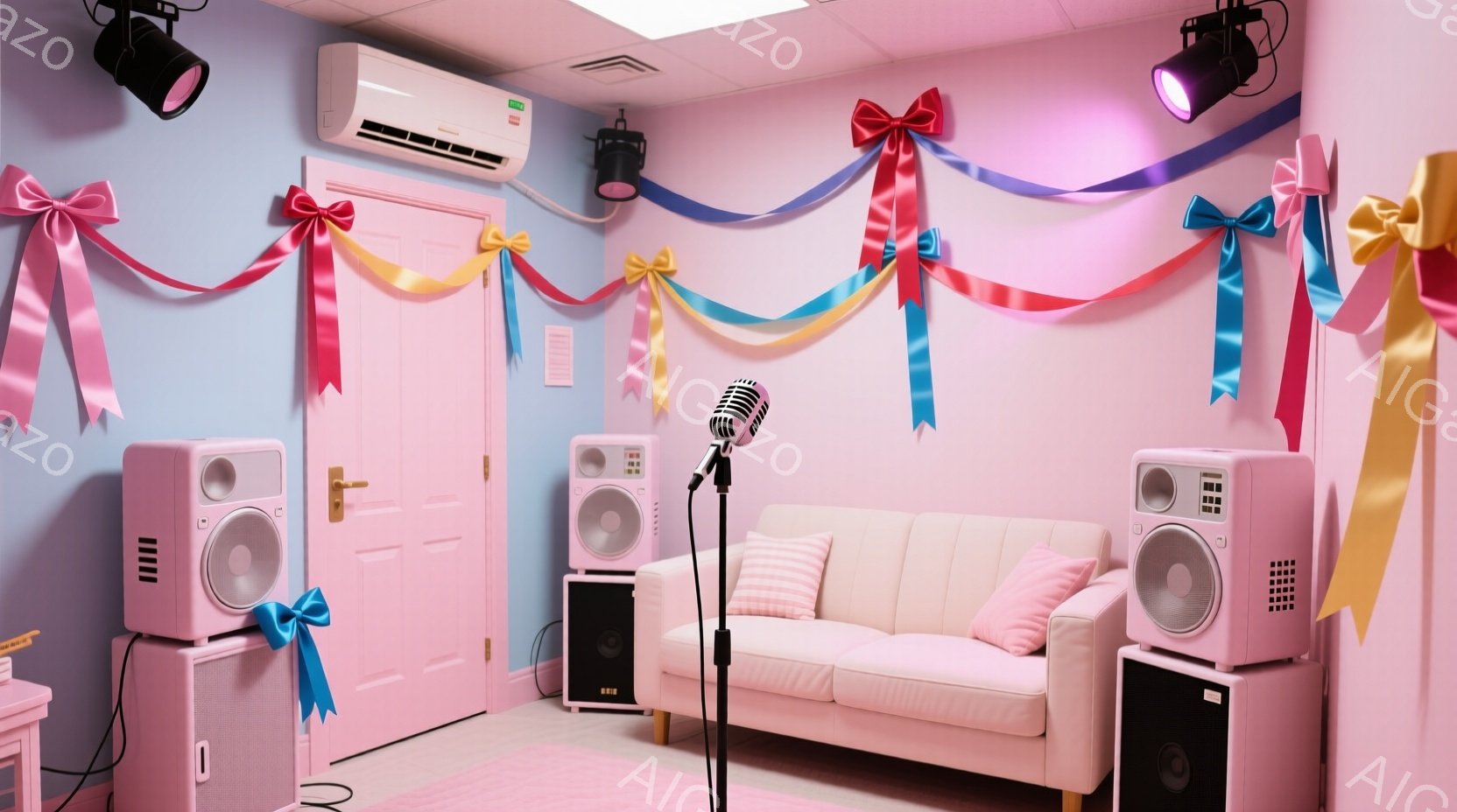 柔らかいピンクと水色の壁に囲まれた部屋には、多数のスピーカーと白いソファが配置されています。天井からはカラフルなリボンと大きなリボン結びが飾られており、部屋全体がパーティー会場のような雰囲気を醸し出しています。中央にはマイクスタンドが設置されており、何らかのパフォーマンスや録音が行われることを示唆しています。