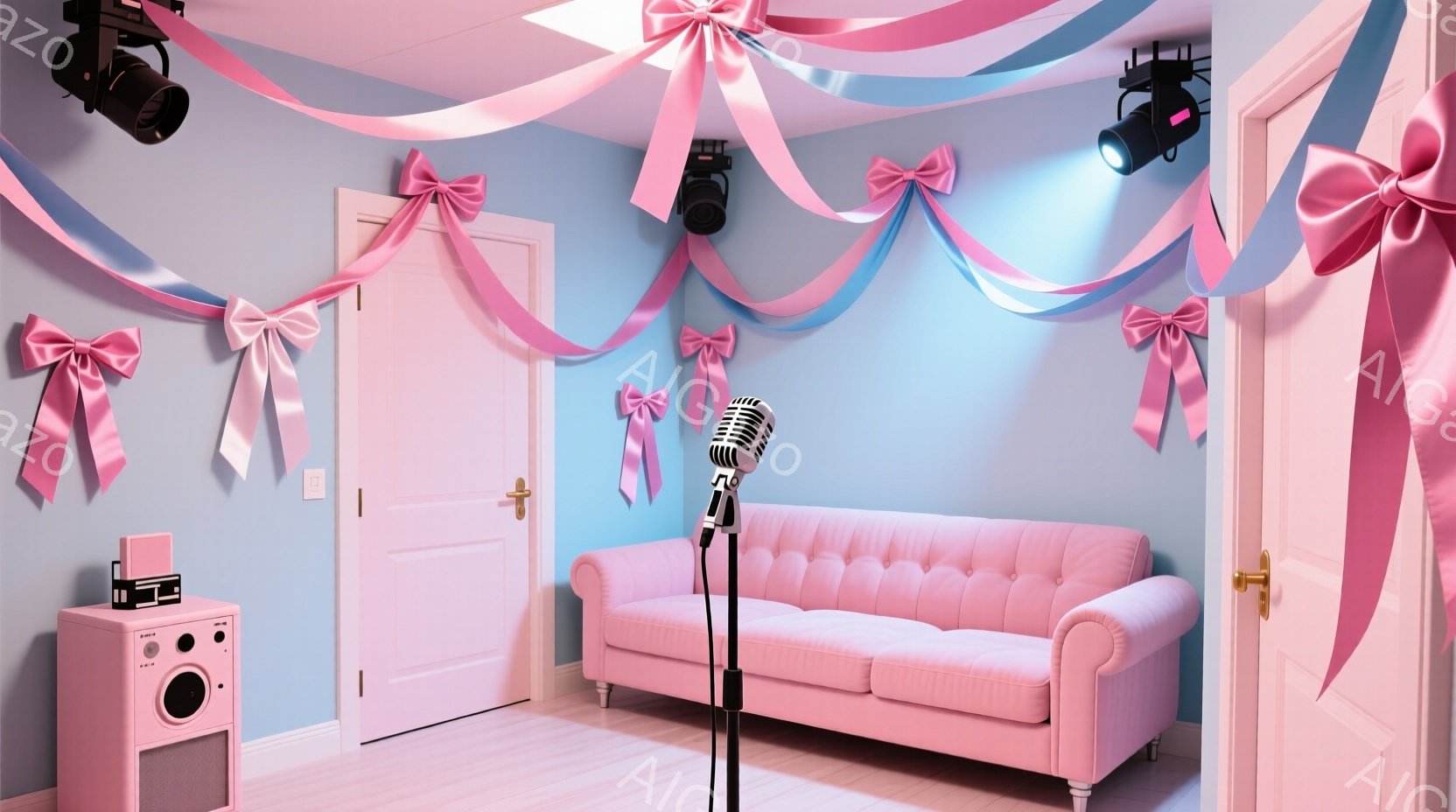 鮮やかなピンクと水色の部屋には、可愛らしいリボンが飾られています。中央にはピンクのソファがあり、その前にはマイクスタンドが設置されています。部屋全体が華やかで、まるでパーティー会場のような雰囲気です。 - AI生成フリー素材