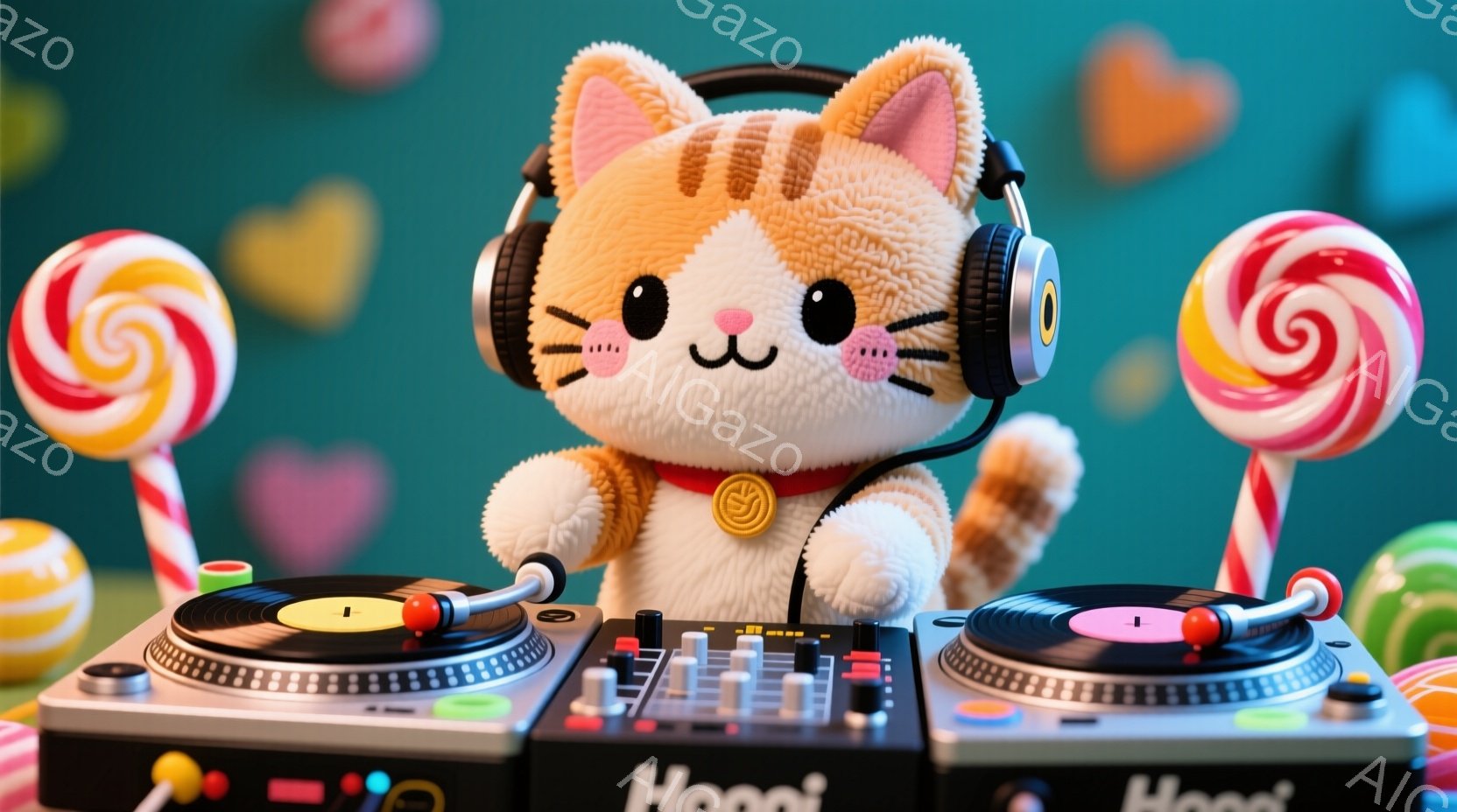 オレンジ色の猫のキャラクターが、黒いヘッドフォンと赤い首輪をつけて、ターンテーブルの前でDJをしている様子が描かれています。背景にはカラフルなキャンディーやハート型の装飾が散りばめられ、鮮やかな色彩が楽しさを演出しています。全体的にポップで可愛らしい雰囲気で、お祭りやイベントを連想させるような、楽しい光景です。