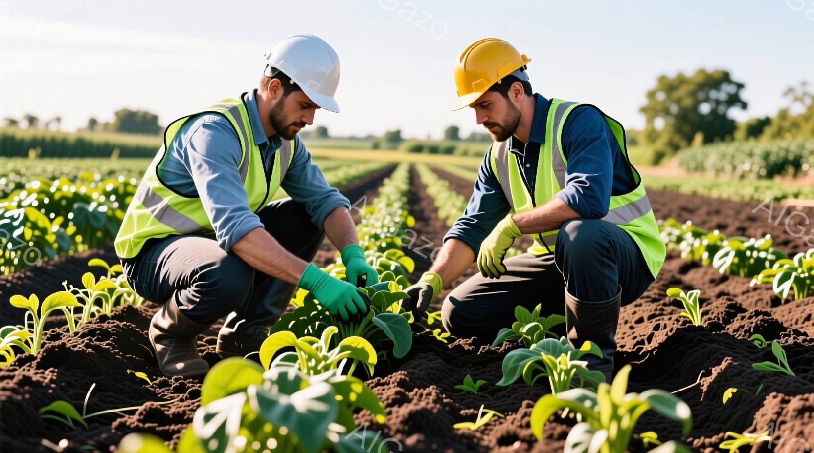 二人の男性が畑で作業をしている様子が写っている。彼らは黄色の安全ベスト、濃い青色の長袖シャツ、黒いズボンを着用し、緑色の手袋をはめている。背景には整然と並んだ作物の畝と、遠くに見える木々や丘陵地帯が広がり、晴れた日の穏やかな作業風景を伝えている。