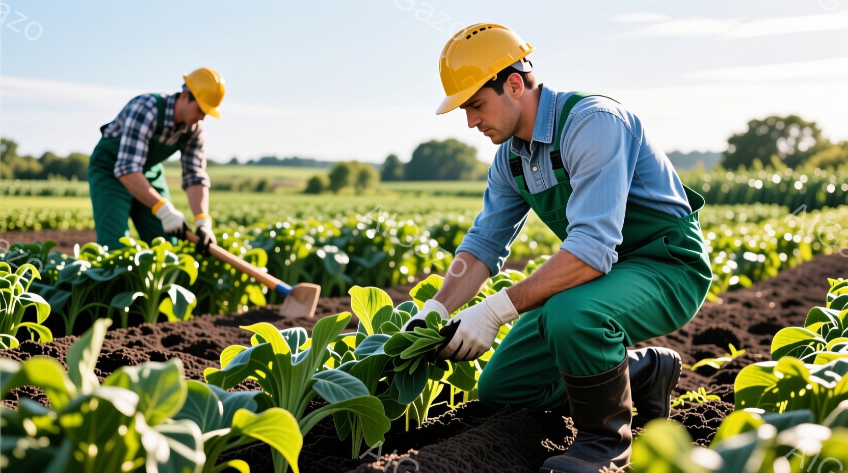 畑で作業する二人の男性が写っている。二人は共に青いシャツと緑色のオーバーオール、白い手袋、そして黄色のヘルメットを着用し、植物の世話をしている。背景には緑豊かな畑が広がり、晴天の下、活気ある農作業の様子が伝わる。