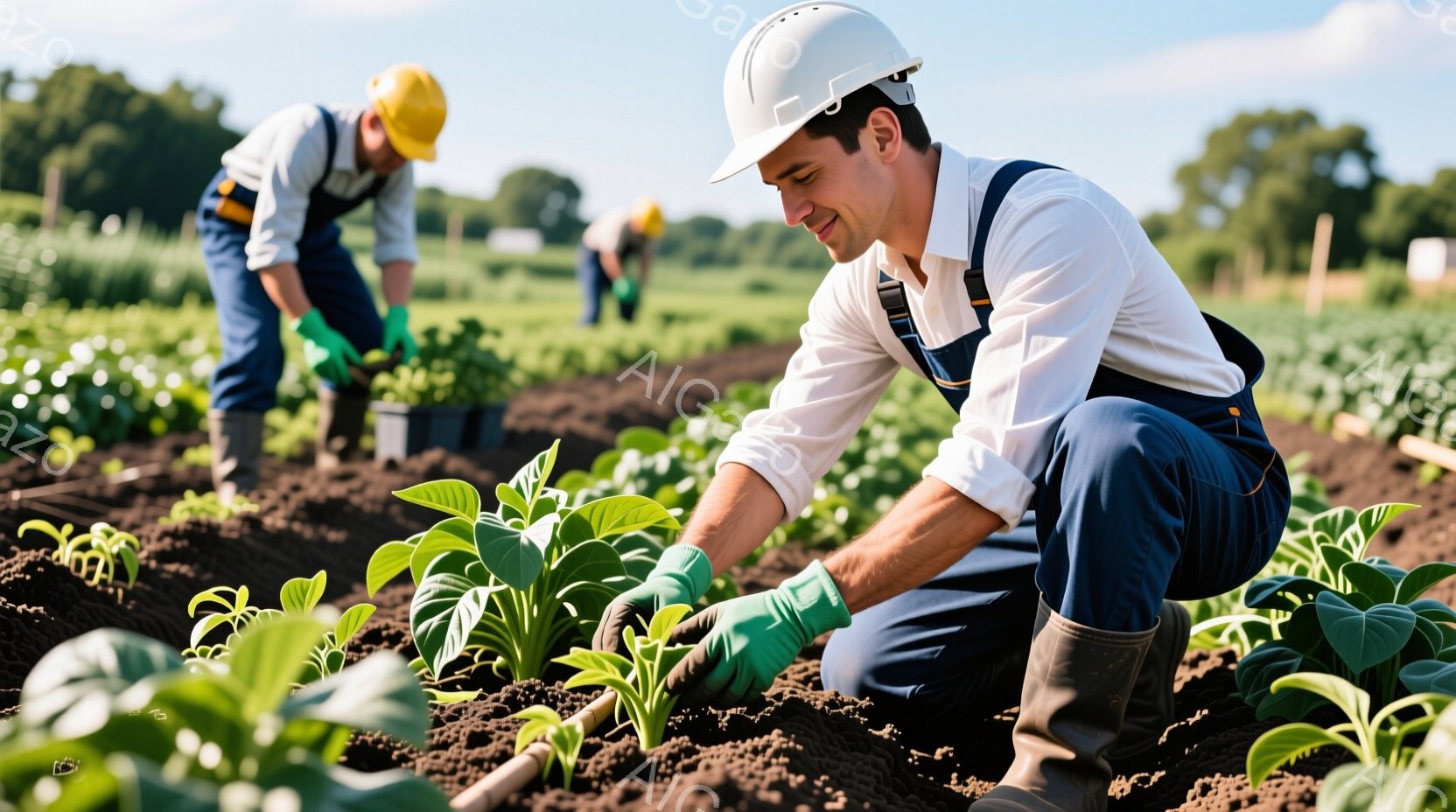 農作業をする男性が写っている。彼は白い長袖シャツに紺色のズボン、そして作業用のブーツを履き、手にグローブをつけて苗を植えている。背景には、同様の服装で作業する他の人々が見え、晴れた空の下、緑豊かな農地 - AI生成フリー素材