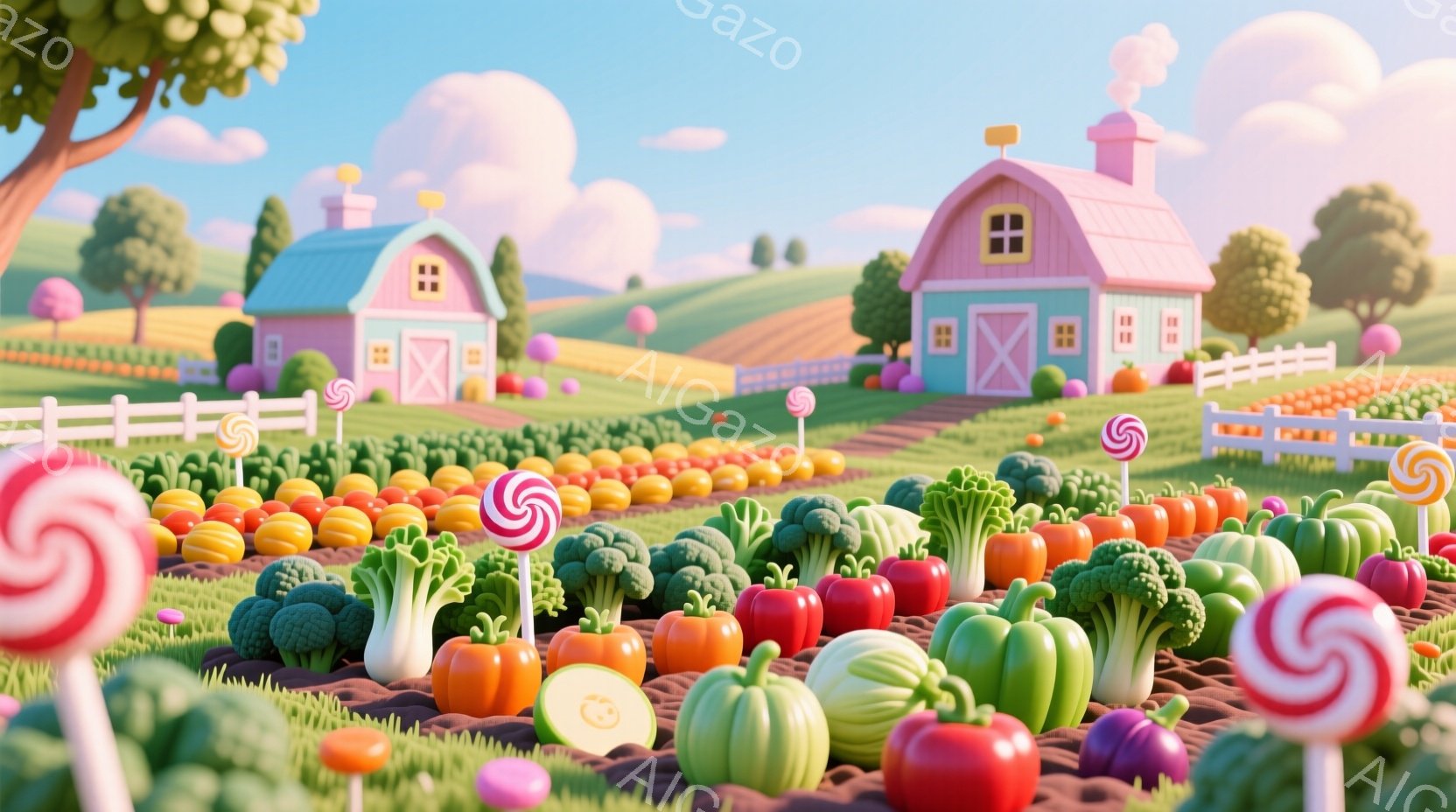 広大な農園が広がり、カラフルな野菜が整然と並んでいます。ピンク色の可愛らしい家が遠くに見え、背景には穏やかな丘と青い空が広がっています。キャンディが点在し、全体的に明るく、おとぎ話のような雰囲気です。 - AI生成フリー素材