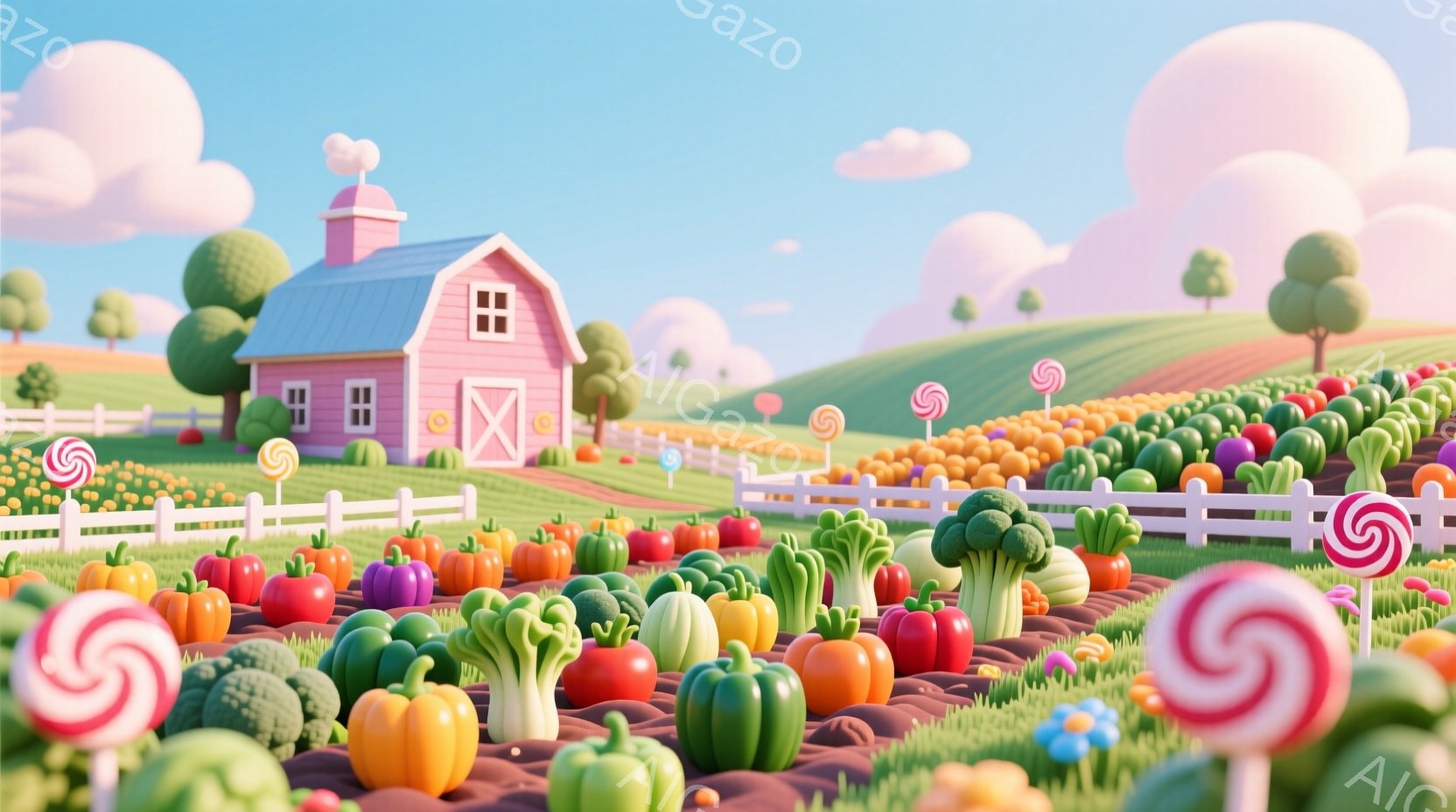 鮮やかなピンク色の農家と、カラフルな野菜畑が広がる陽気な風景です。畑にはブロッコリー、トマト、カボチャなどが整然と並び、白い柵で区切られています。背景には丸い木々と、ふんわりとした雲が浮かび、キャンディーが点在する可愛らしい雰囲気です。