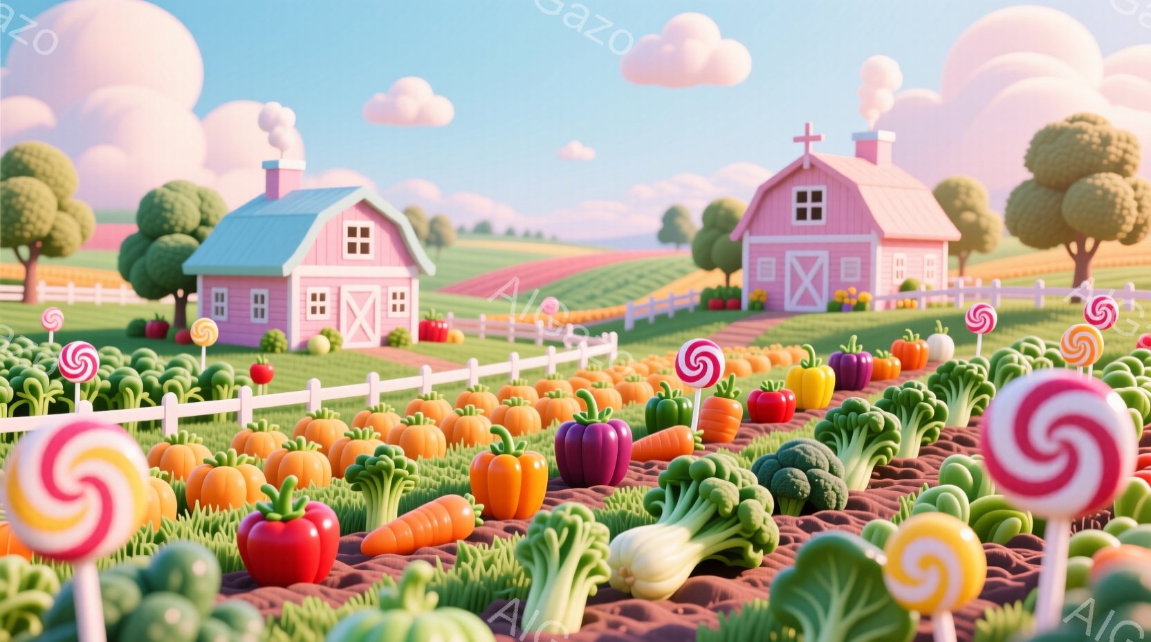 鮮やかな色彩の農園が広がり、赤、オレンジ、緑の野菜が整然と並んでいます。背景には、可愛らしいピンク色の農家と、緑豊かな丘、そして綿菓子のような雲が広がっています。全体的に明るく、おもちゃのような、陽気 - AI生成フリー素材
