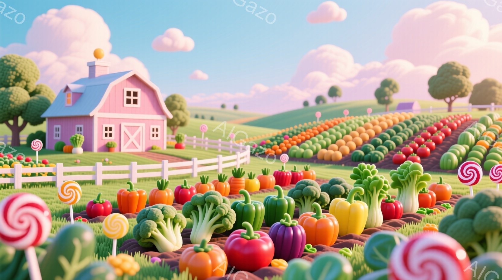 鮮やかなピンク色の農家と、カラフルな野菜畑が広がる風景です。畑にはブロッコリー、トマト、ピーマン、カボチャなどが整然と並び、可愛らしいキャンディが畑の中に点在しています。空は水色で、ふわふわとした雲が浮かび、全体的に明るく、おとぎ話のような雰囲気です。