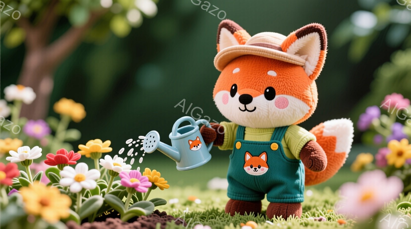 明るい緑の芝生の上に、可愛らしいキツネのキャラクターが立っています。彼は水色のオーバーオールと麦わら帽子を身に着け、小さなジョウロで花に水をやっています。背景には様々な色の花が咲き乱れ、柔らかい光が差し込んで、温かく幸せな雰囲気を醸し出しています。