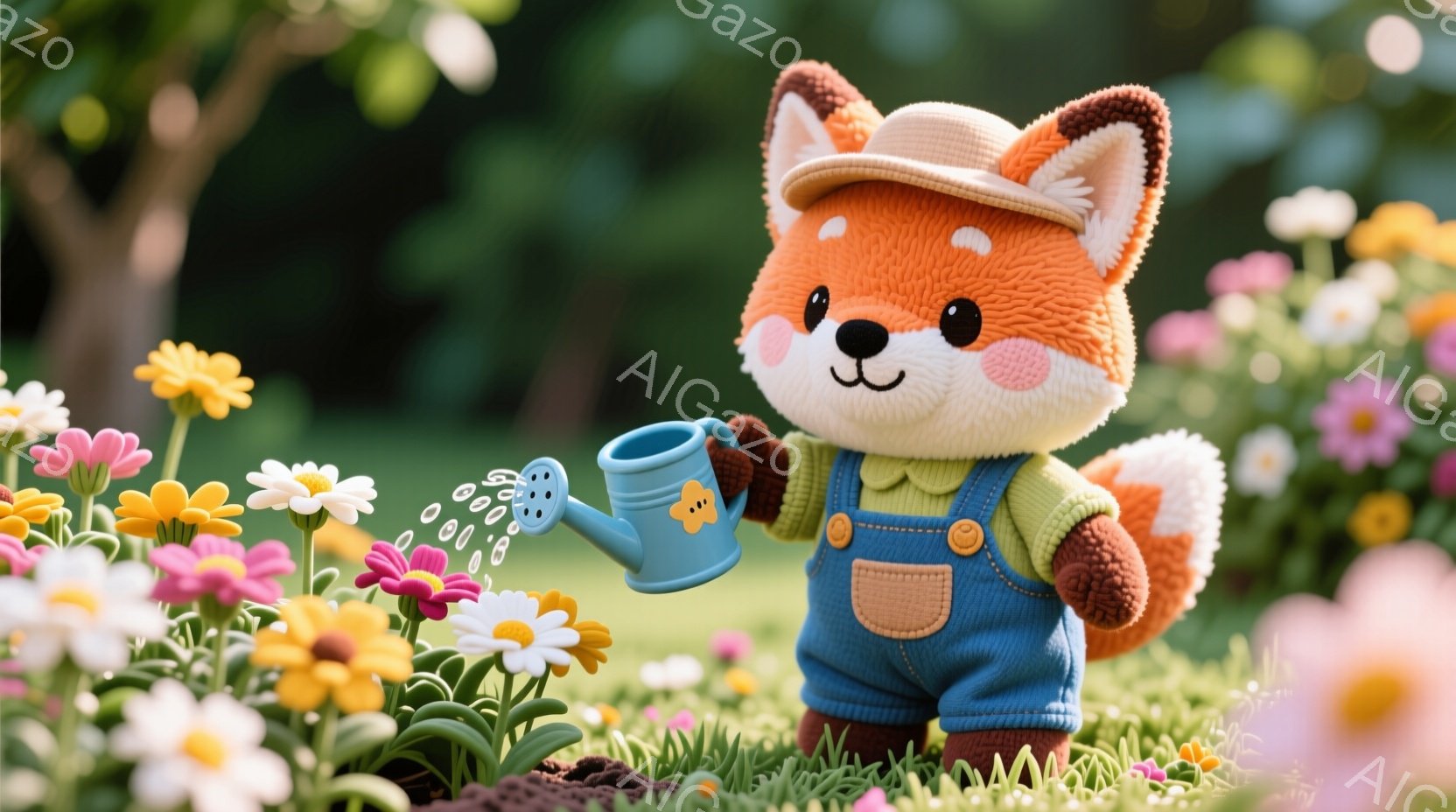 キツネのキャラクターが、麦わら帽子とオーバーオール姿で、花壇に水をやっています。顔は明るく微笑んでおり、ポーズも可愛らしいです。背景には色とりどりの花が咲き乱れ、春の穏やかな日差しの中で、可愛らしく優 - AI生成フリー素材