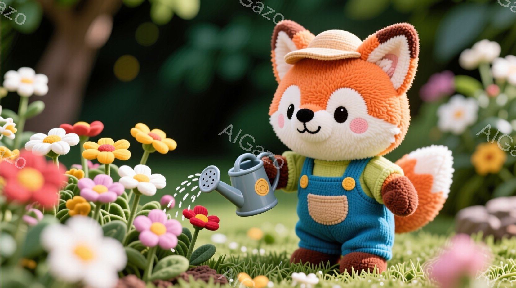 ふわふわのオレンジ色のキツネが、オーバーオールと麦わら帽子を身に着けて、花壇に水をやっています。キツネは優しい笑顔で、小さなジョウロから水が花に降り注ぎ、背景には色とりどりの花が咲き乱れ、暖かく穏やかな雰囲気です。鮮やかな色彩と柔らかい質感で、可愛らしい牧歌的な光景が描かれています。