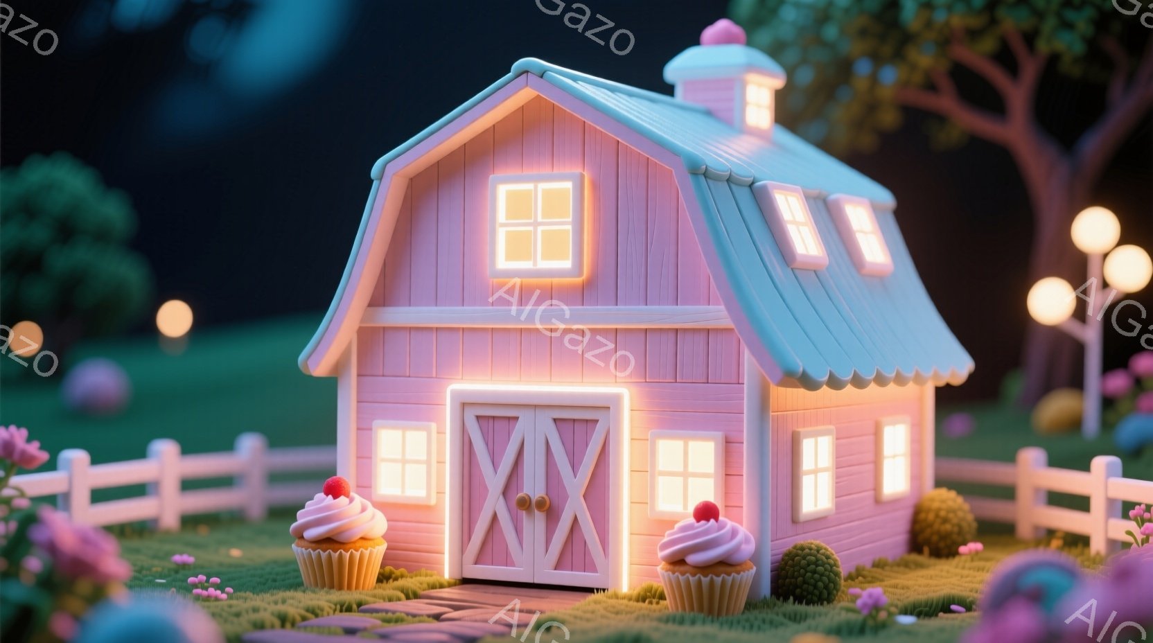 パステルピンクの可愛らしい納屋が、緑の芝生の上に建っています。納屋の周りには、クリームとイチゴが飾られた小さなカップケーキと、丸い緑の茂みが点在し、周囲は白いフェンスで囲まれています。夜空には、暖かく光る電球が散りばめられ、全体的に夢のような、甘い雰囲気を醸し出しています。