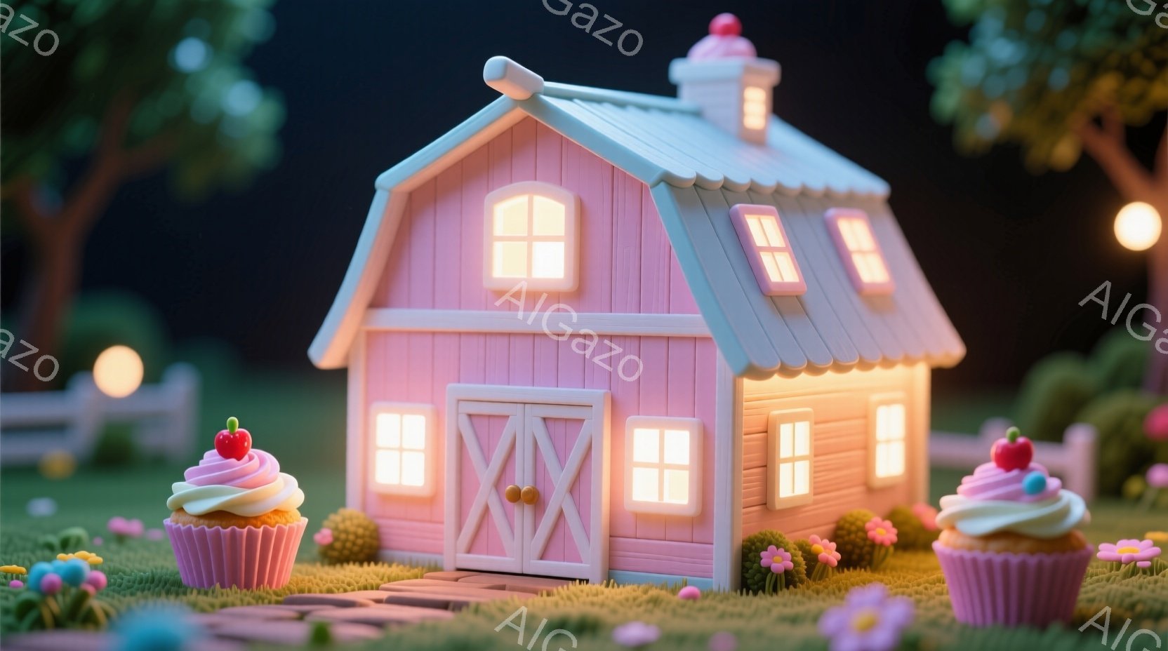 明るいピンク色の可愛らしい小屋が、緑の芝生の上に建っています。小屋からは温かい光が漏れ出し、周囲にはカップケーキや小さな花が飾られています。背景には木々が暗くシルエットになり、ファンタジーのような雰囲気を作り出しています。