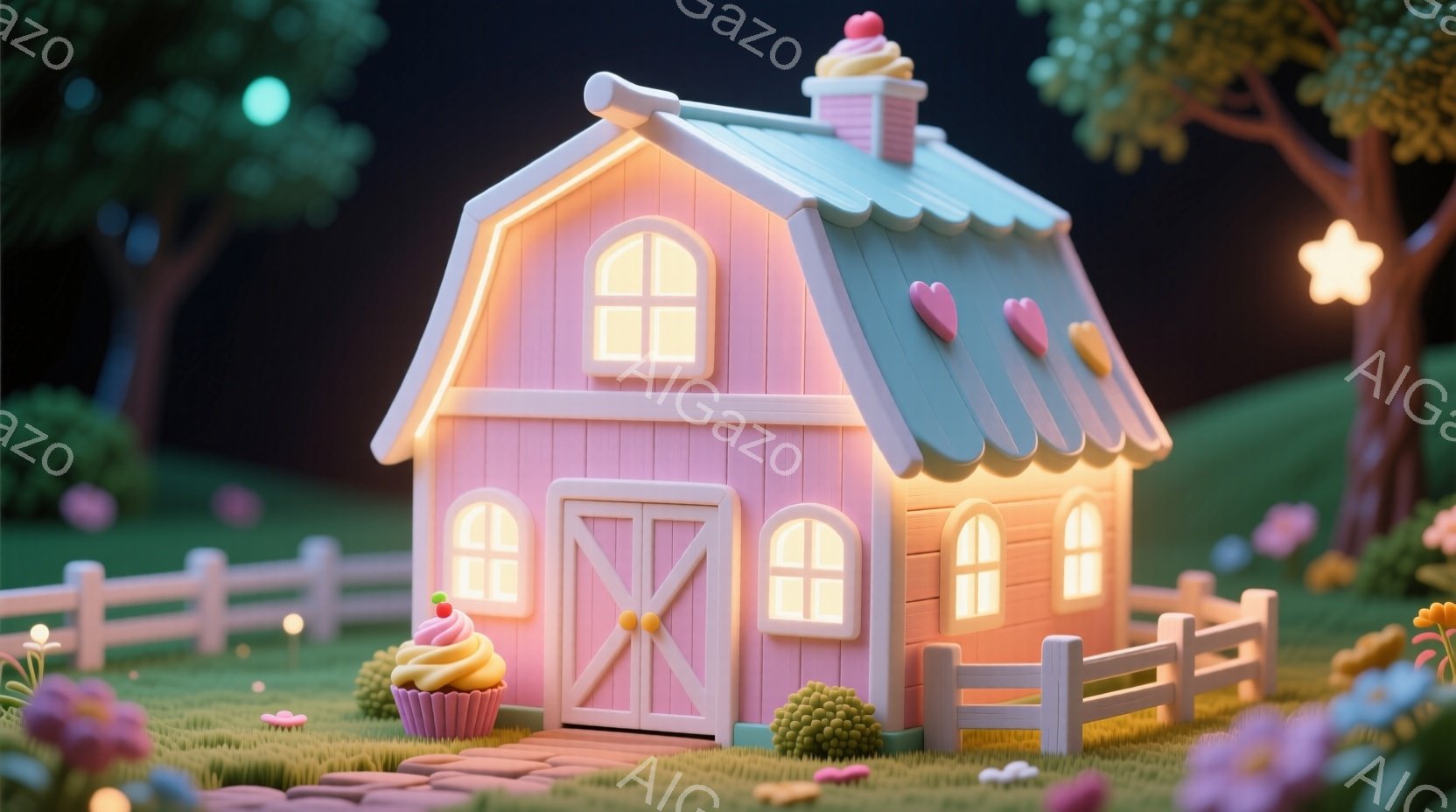鮮やかなピンク色の可愛らしい家が、緑の芝生の上に建っています。家の屋根は薄いピンク色で、ハート型の装飾が施され、周りには花や小さなカップケーキが点在しています。夜空には星が輝き、全体的に夢のような、お - AI生成フリー素材