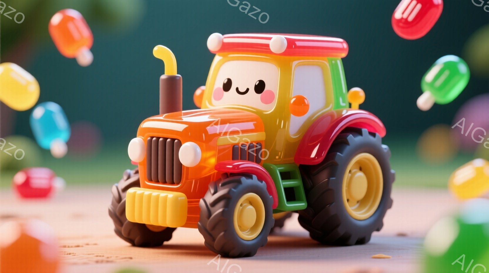 明るいオレンジ色の農耕トラクターが、滑らかな質感で描かれています。トラクターは、大きな黒いタイヤと、鮮やかな黄色のアクセントが特徴で、正面には愛らしい笑顔が描かれています。背景には、色とりどりのゼリー - AI生成フリー素材