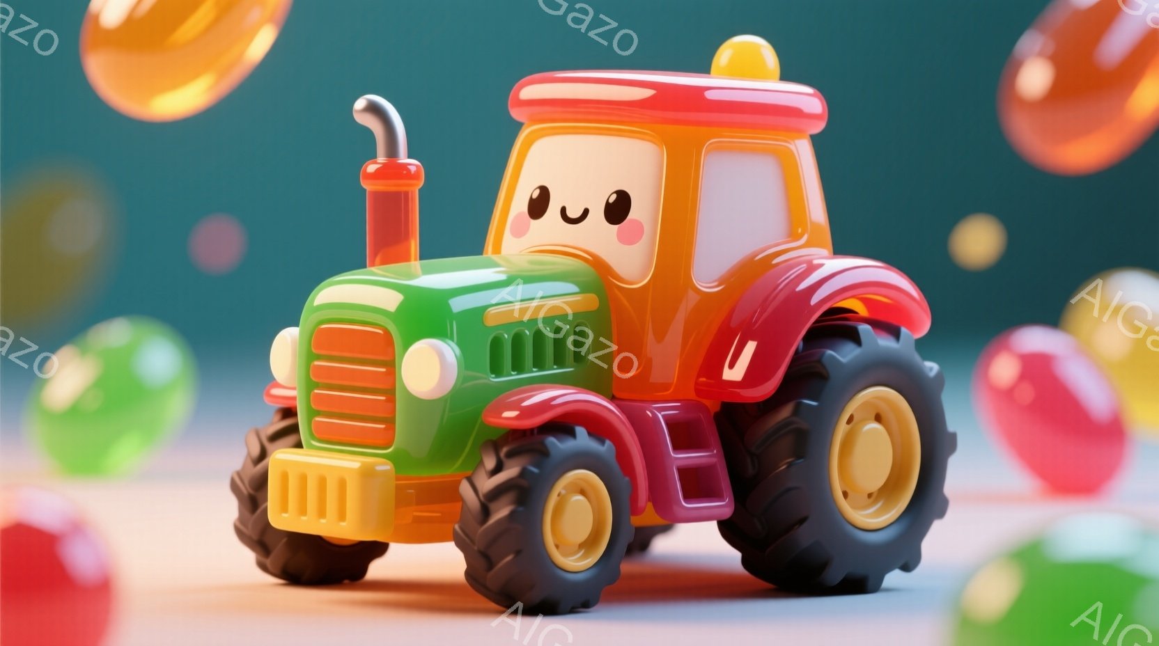 明るい緑色の農耕トラクターが、オレンジ色のキャブと赤いストライプが入った側面で、ユーモラスな表情で正面を見据えています。背景には、色とりどりの透明な球体が浮かび、遊び心のある雰囲気を醸し出しています。全体的に、カラフルで愛らしい、子供向けのイメージです。