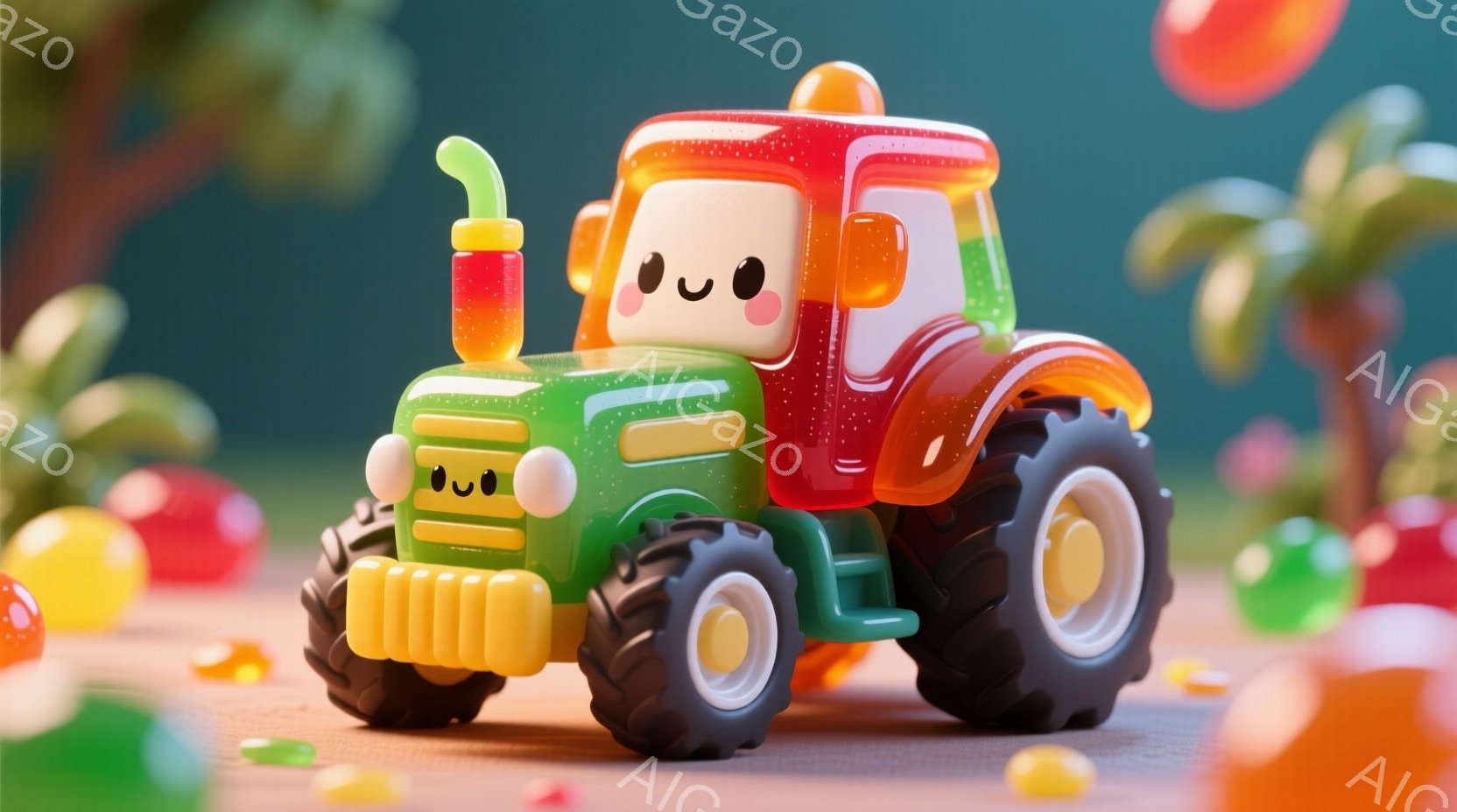 明るい緑と赤のカラフルなトラクターが、つるつるとした質感で表現されています。大きなタイヤと丸みを帯びたフォルムが可愛らしく、背景にはカラフルなゼリーのようなオブジェクトが散りばめられています。全体的に明るく、おもちゃのような遊び心あふれる雰囲気が漂っています。