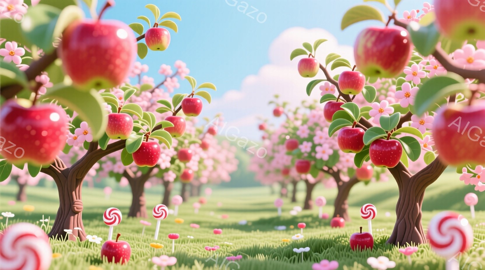 りんごが実った木々が密集した、おとぎ話のような風景です。地面にはピンクの花やキャンディが散りばめられ、緑豊かな草原が広がっています。背景は明るい青空と、ぼやけた緑の丘が広がり、全体的に甘く夢幻的な雰囲気を醸し出しています。