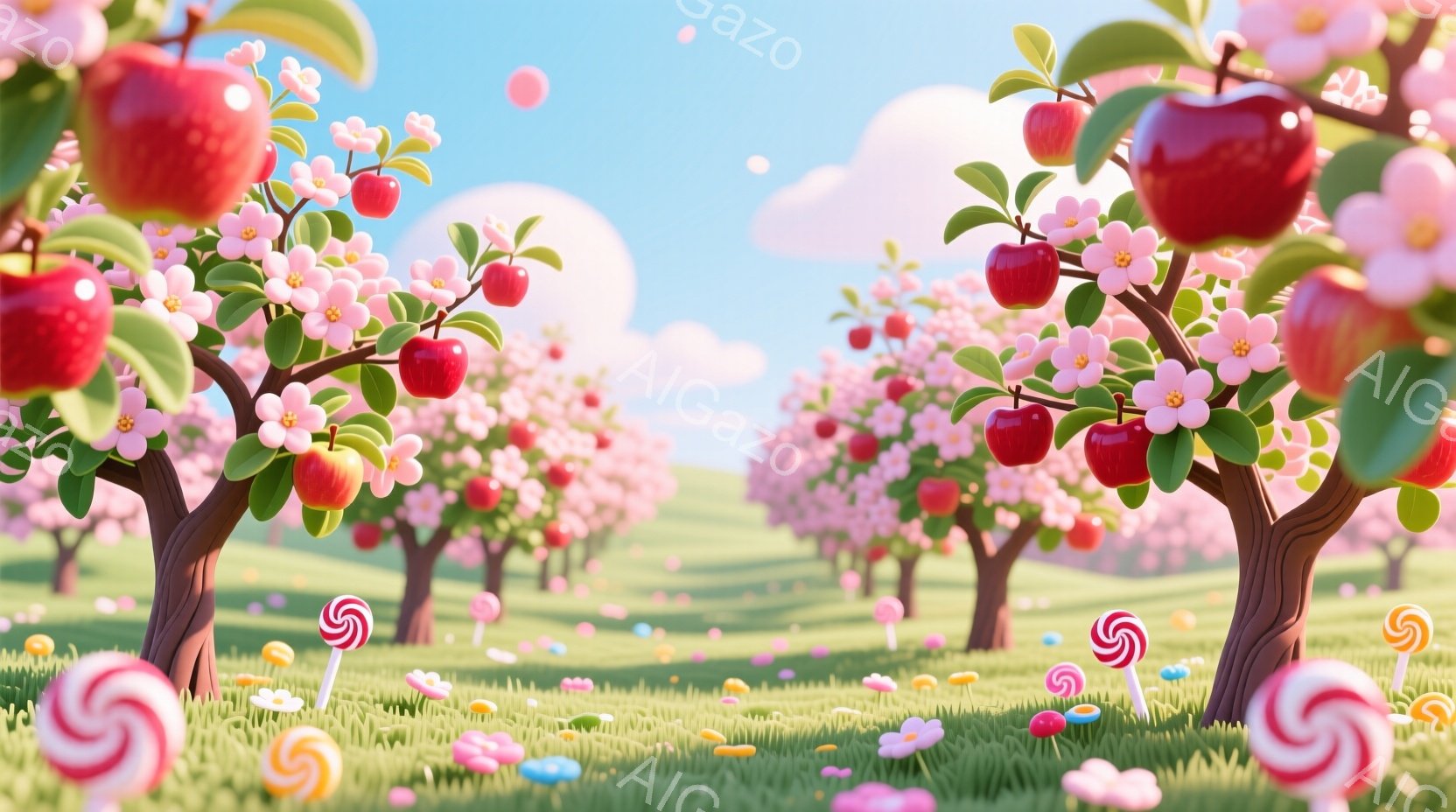 広大な草原に、りんごの実がなった桜のような木々が生い茂り、まるでファンタジーの世界のようです。地面にはキャンディーや花が散りばめられ、明るい日差しと青空が春らしい暖かな雰囲気を醸し出しています。全体的にパステルカラーを基調とした可愛らしい色彩で、夢のような風景が広がっています。