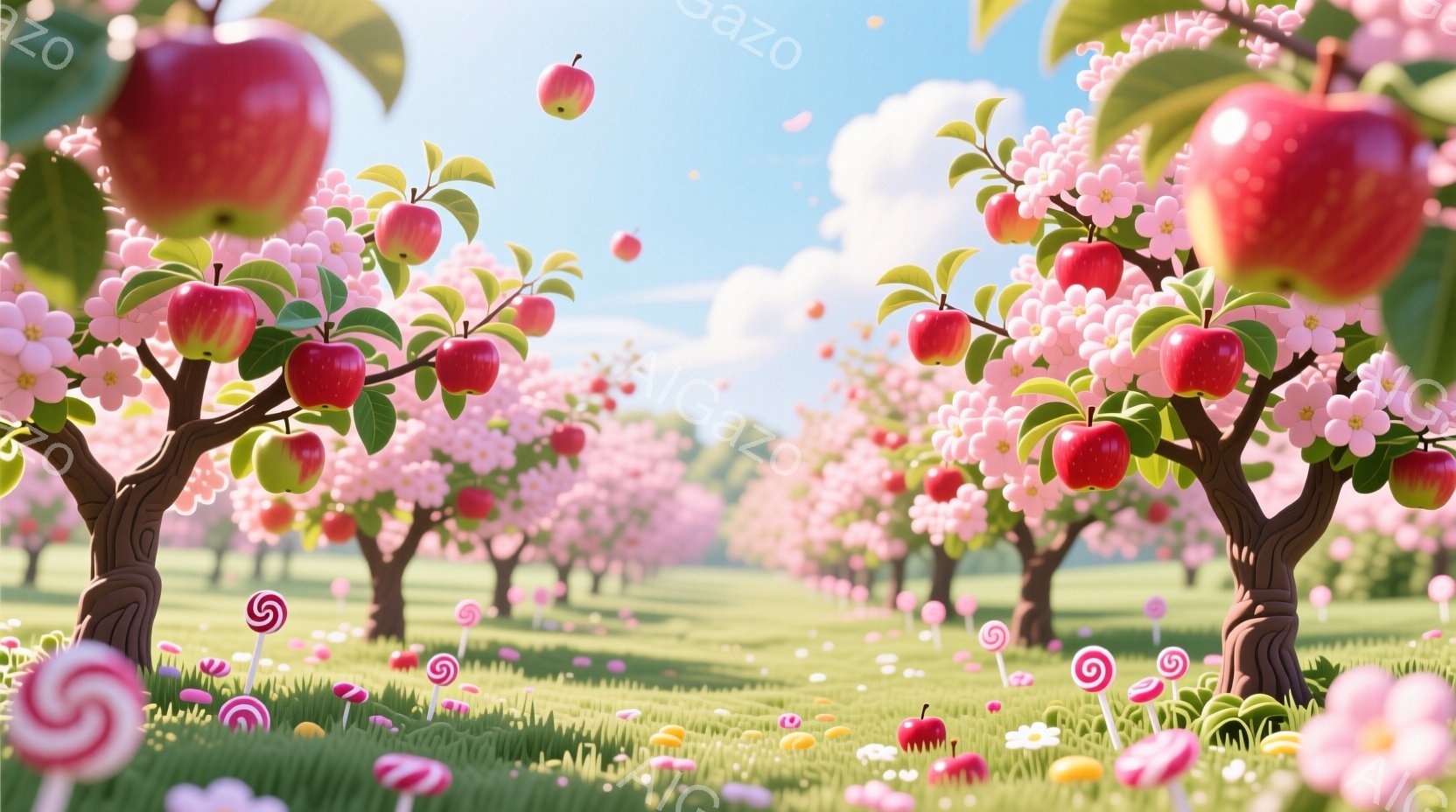 鮮やかな緑の草原に、真っ赤なリンゴが実った桜のような木々が並んでいます。地面にはカラフルなキャンディやキノコが散らばり、まるで夢のようなお菓子の国のような雰囲気です。空は晴れ、ふわふわの雲が浮かび、全体的に明るく楽しい印象を与えます。