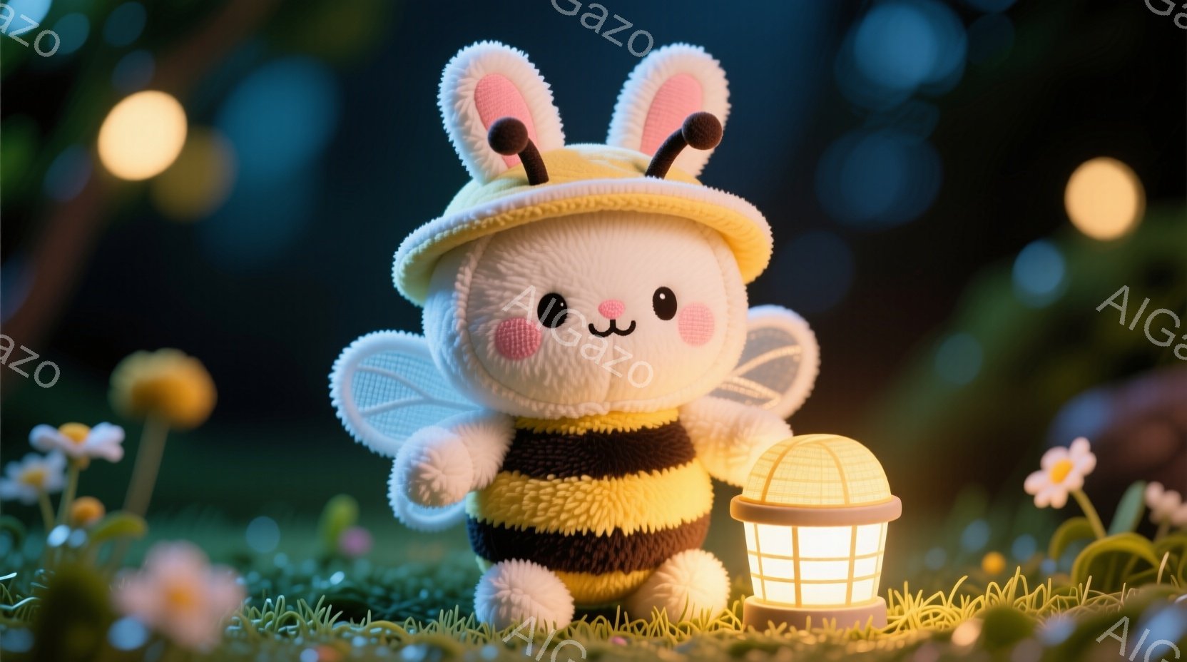 ふわふわとしたミツバチの着ぐるみを着たウサギが、頭には可愛らしい帽子をかぶり、ほほえましい表情を浮かべています。ウサギは小さなランタンを手に持ち、緑の草むらの中に立っています。背景にはぼんやりとした花々や、ぼんやりとした光が散りばめられており、幻想的で温かい雰囲気が漂っています。