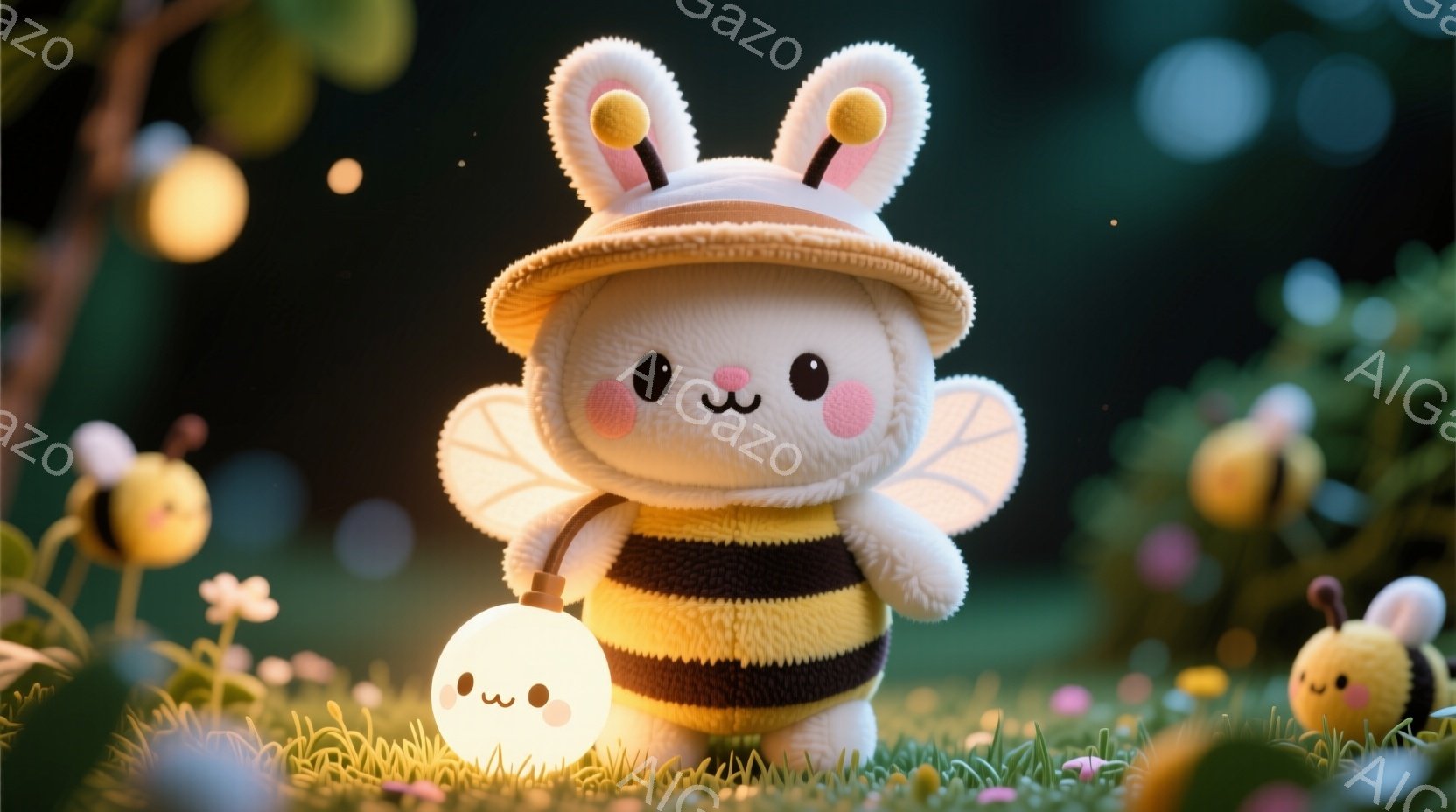 ふわふわの白いウサギが、蜂のコスチュームを着て立っています。頭には黄色い帽子をかぶり、顔は可愛らしく、ほほえんでいます。背景は緑の草むらと、光る小さな蜂や丸い光の玉があり、幻想的で優しい雰囲気です。 - AI生成フリー素材