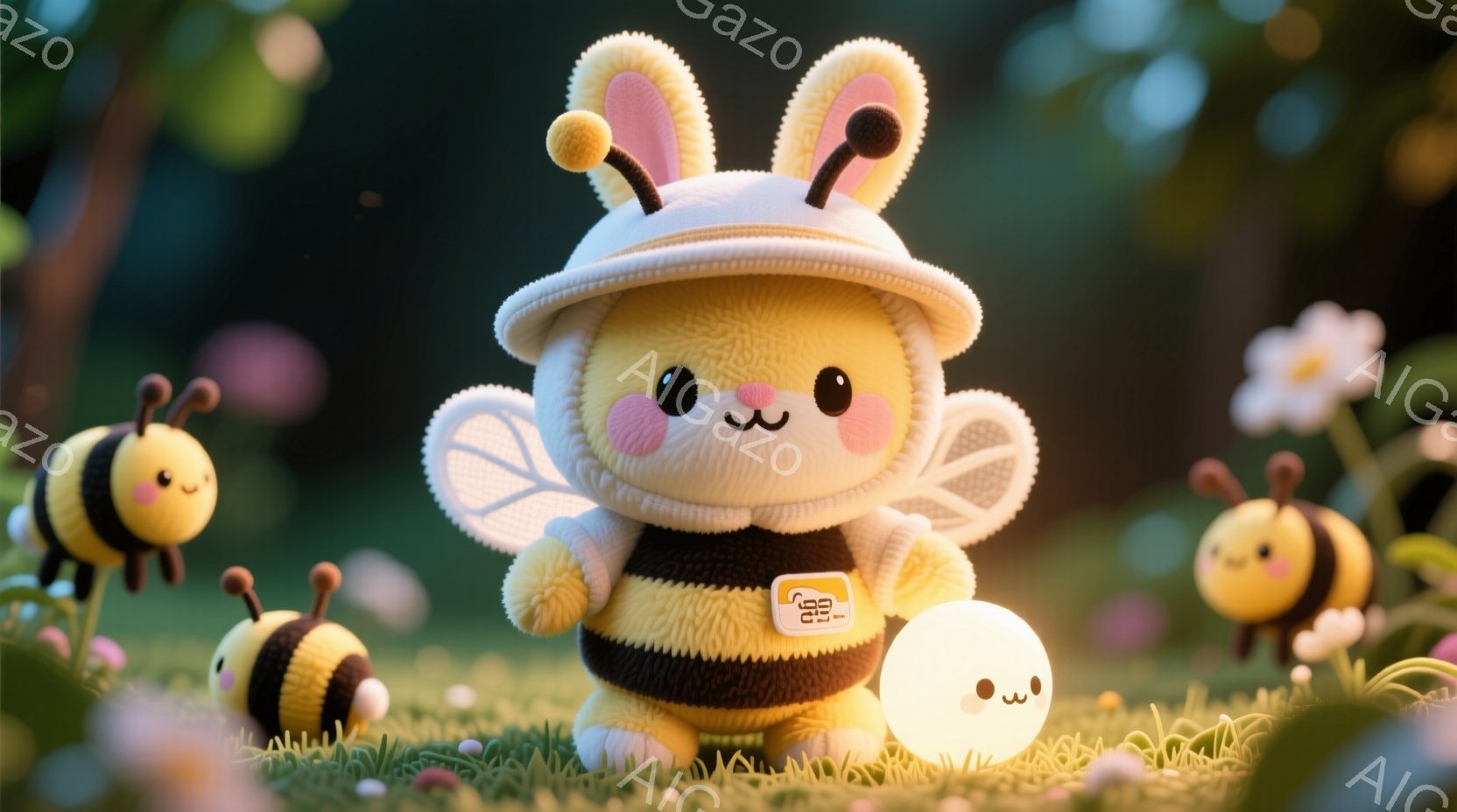 ふわふわとしたミツバチのキャラクターが、緑の草の上に立っています。ミツバチは黒と黄色の縞模様の服を着て、頭にはミツバチの羽のついた帽子をかぶっています。背景には、小さなミツバチたちが飛び交い、ぼんやりとした自然の風景が広がっており、全体的に可愛らしく温かい雰囲気です。