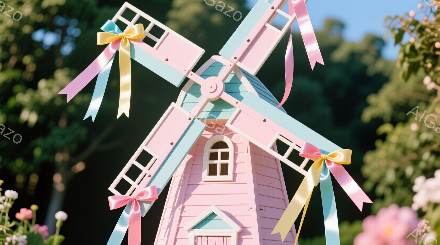 鮮やかなピンク色の風車が、緑豊かな背景の中に際立って描かれています。風車の羽根には、ピンク、黄色、水色のリボンが結ばれ、可愛らしい装飾となっています。背景には、ぼやけたピンク色の花々が見え、全体的に柔らかく、夢のような雰囲気を醸し出しています。