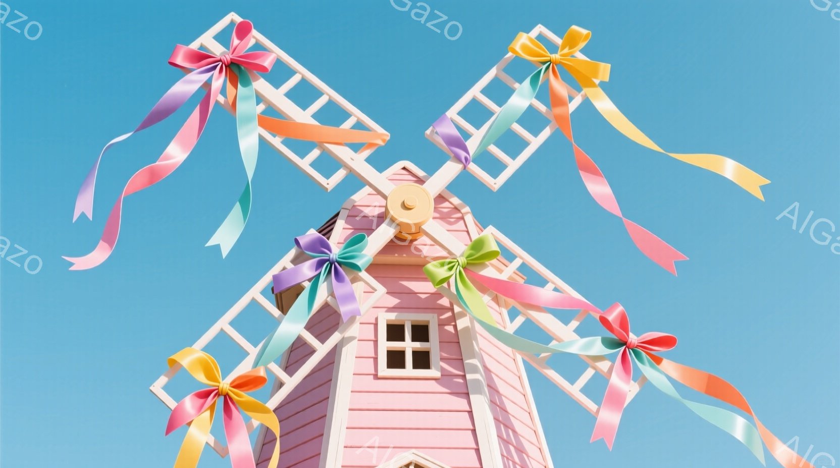 明るい青空を背景に、ピンク色の風車が描かれています。風車の羽根には、ピンク、オレンジ、緑、水色、紫などのカラフルなリボンが結ばれており、風になびいている様子が表現されています。全体的に明るく、お祝いのような、楽しい雰囲気が漂っています。