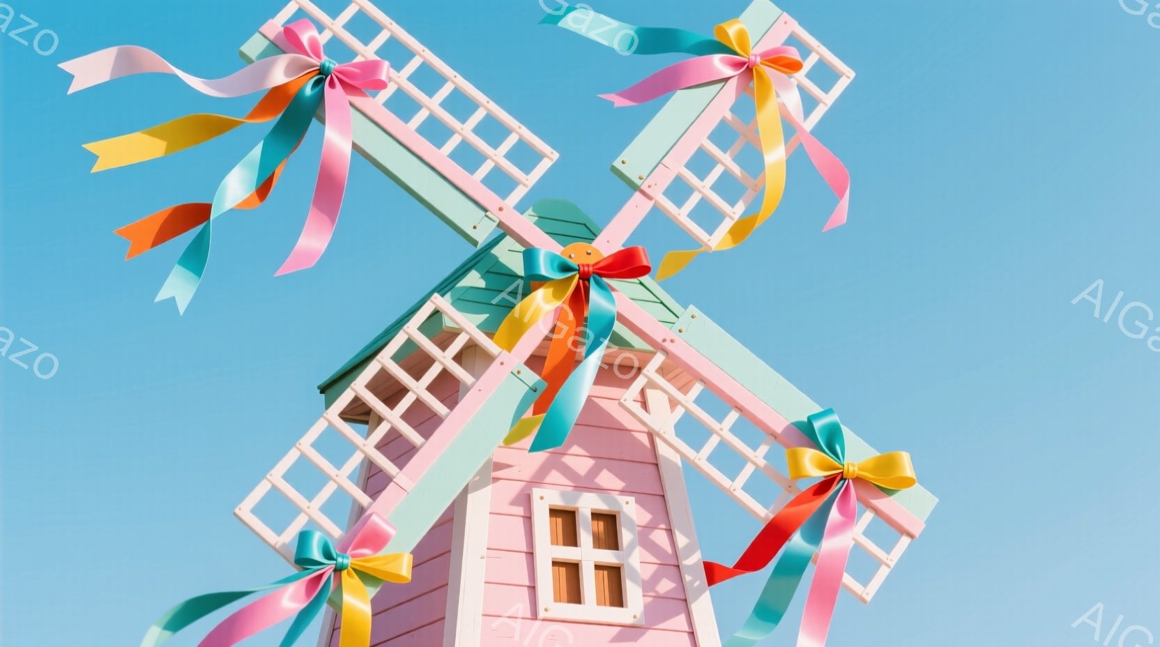 ピンク色の風車が、鮮やかなリボンで飾られています。風車は白枠の小さな窓を持ち、屋根は緑色で、背景は晴れた青空です。全体的に、お祝いや喜びを表現するような、明るく楽しい雰囲気です。