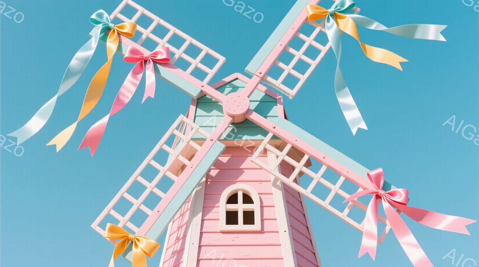 鮮やかな青空を背景に、ピンク色の風車が描かれています。風車の羽根には、それぞれに黄色、ピンク、水色のリボンが結ばれており、可愛らしい印象を与えます。風車の壁は木目調で、窓からは柔らかい光が差し込み、全体的に温かく優しい雰囲気を醸し出しています。