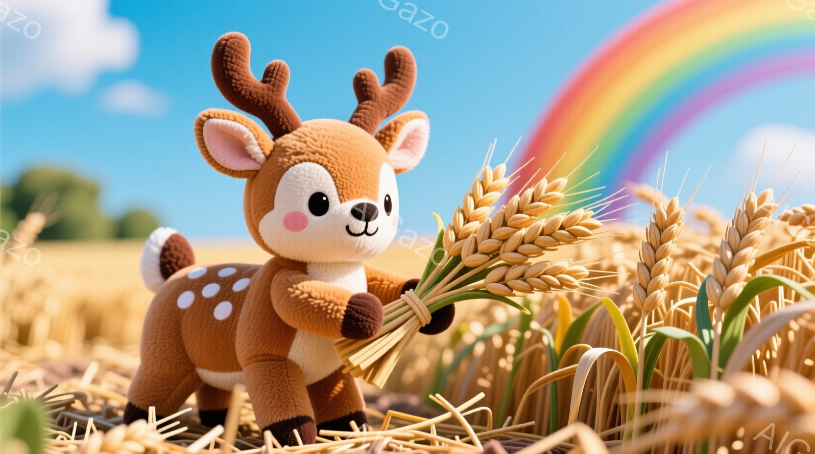 柔らかい茶色の鹿のぬいぐるみは、麦の束を抱えています。背景は黄金色の麦畑で、青空と虹が広がっており、穏やかで牧歌的な雰囲気を醸し出しています。ぬいぐるみは可愛らしい表情で、その愛らしさが際立っています。