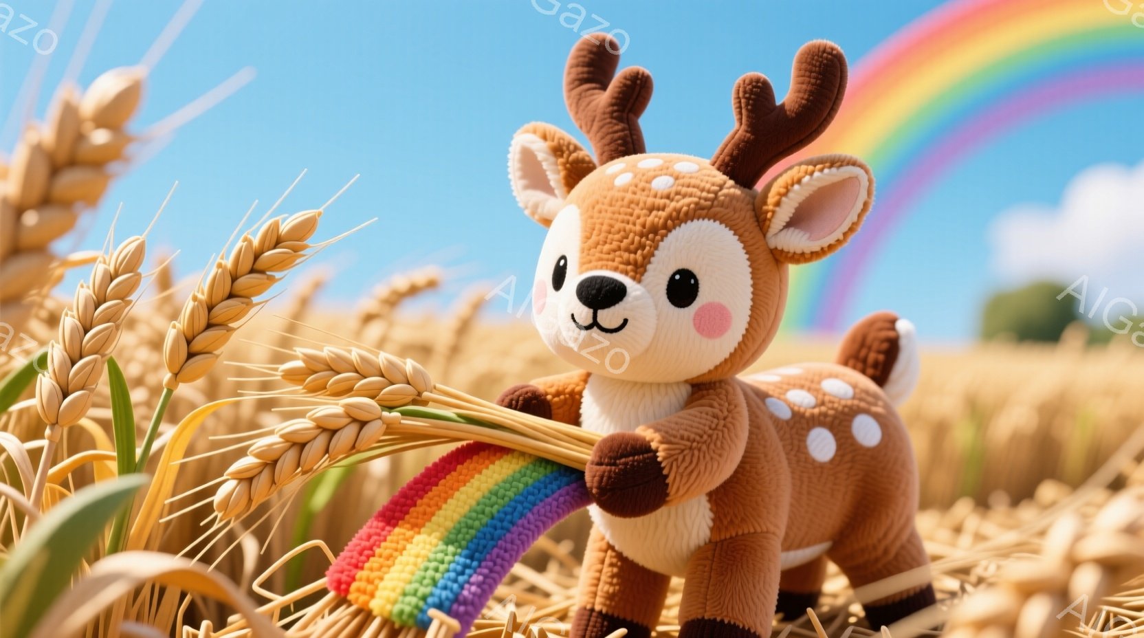毛糸で作られたように見える可愛らしい子鹿が、黄金色の麦畑の中に立っています。子鹿は白い水玉模様があり、嬉しそうな表情で虹色のリボンを握りしめています。背景には青空と遠くの緑の木々が見え、全体的に温かく、夢のような雰囲気です。