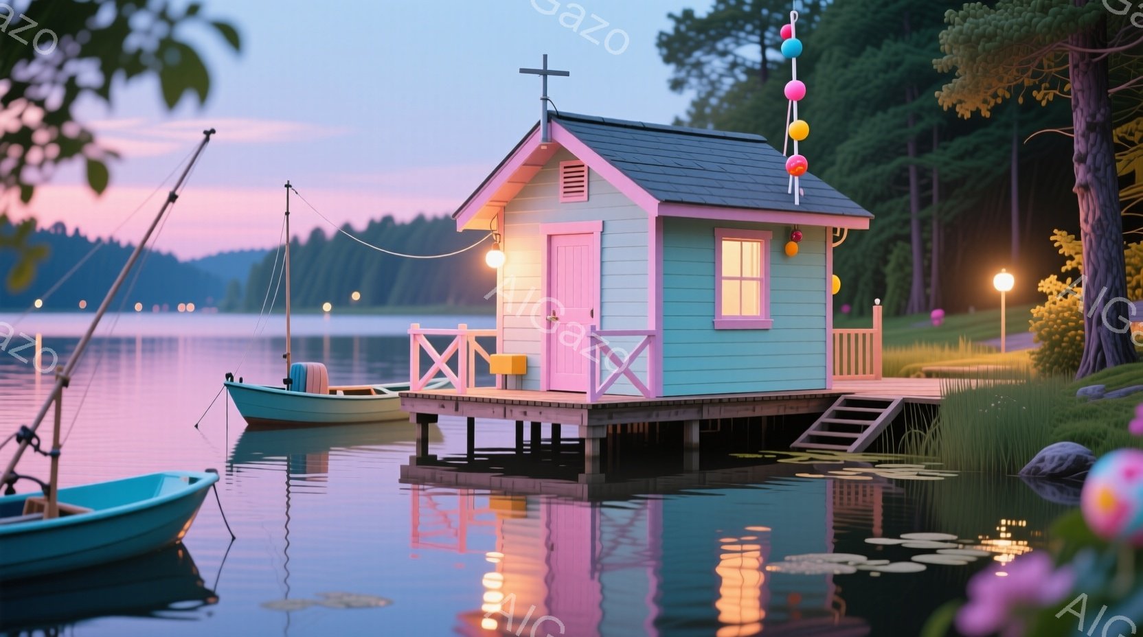 薄桃色の空が水面に反射する穏やかな夕暮れ時に、水上に浮かぶ可愛らしい水色の小屋が描かれています。小屋は木製のデッキに載っており、小さな階段でアクセス可能です。周囲には緑豊かな木々が生い茂り、水面には水 liliesが浮かび、全体的に平和で牧歌的な雰囲気が漂っています。