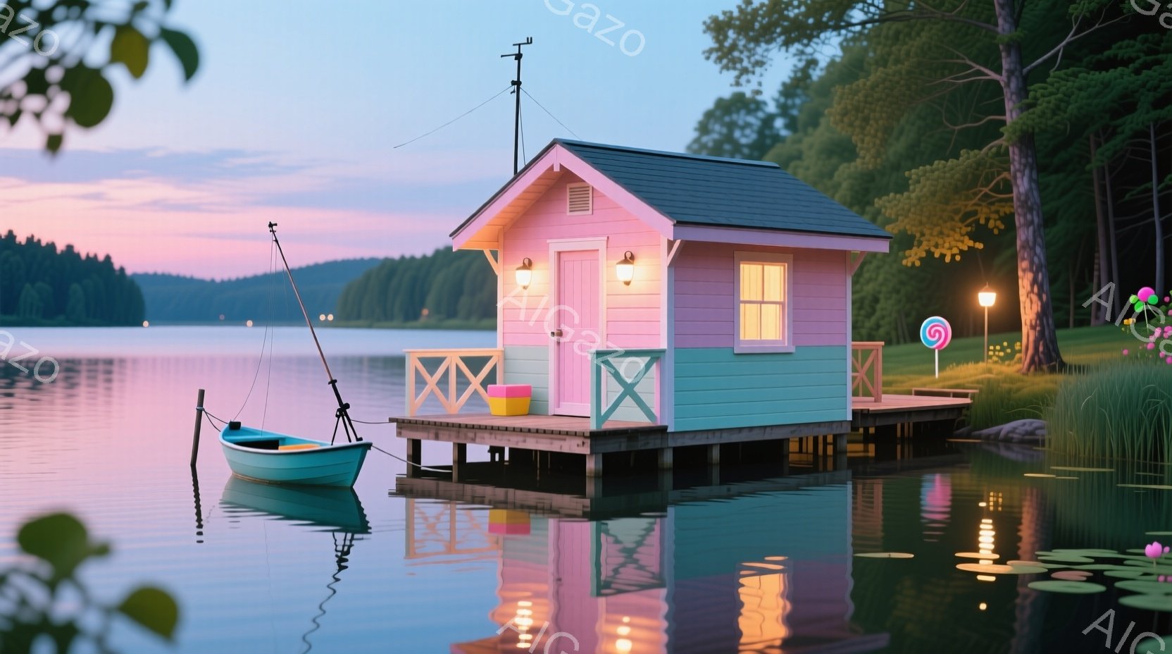 静かな湖の上に、ピンクと水色の可愛らしい小さな家が浮かんでいます。周囲は緑豊かな木々に囲まれ、水面には家の鮮やかな反射が見られます。夕暮れ時の空が淡いピンク色に染まり、夢のような雰囲気を醸し出しています。
