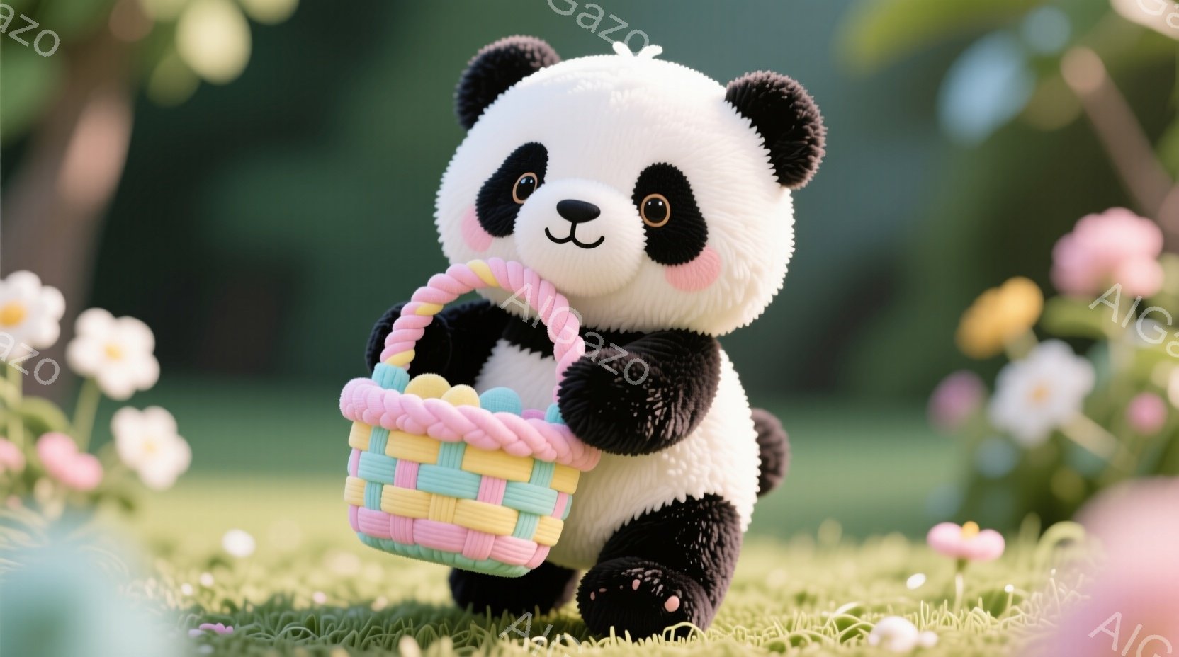 白と黒のパンダが、パステルカラーの編み込みバスケットを抱えて、緑豊かな草の上に立っています。パンダは丸い顔で、可愛らしい表情をしており、その姿はとても愛らしいです。背景には、白やピンクの花が咲き乱れ、 - AI生成フリー素材