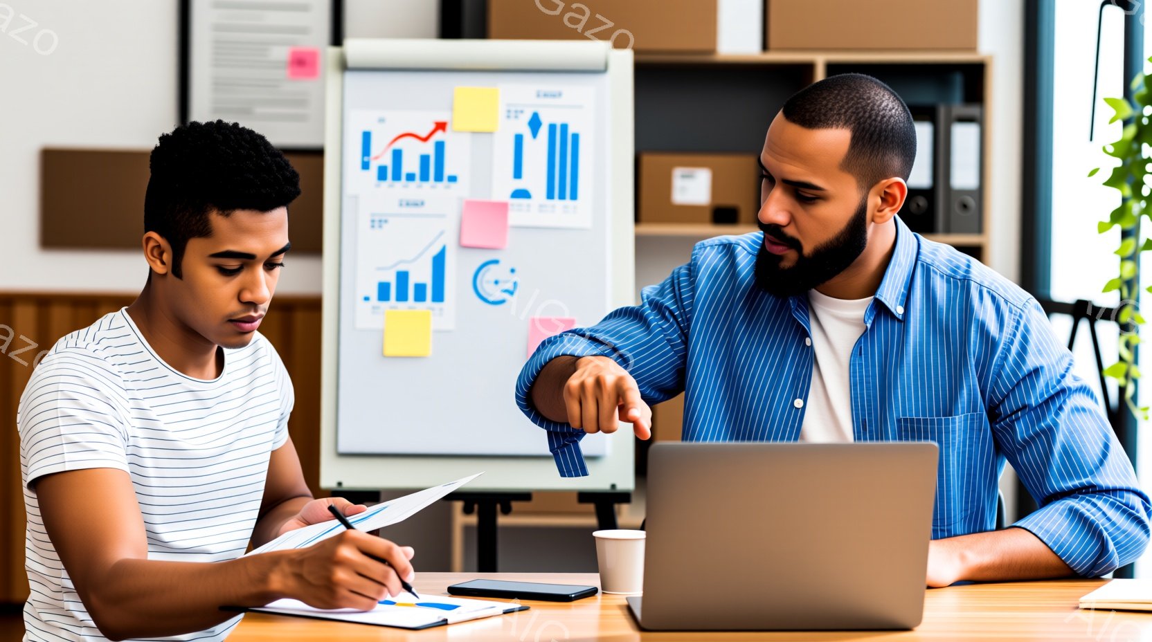 2人の男性が机を挟んで座っており、一人は白いTシャツを着てメモに何かを書き込んでいます。もう一人は青いストライプのシャツを着て、ノートパソコンの画面を指し示しています。背景には白板があり、カラフルなグ - AI生成フリー素材