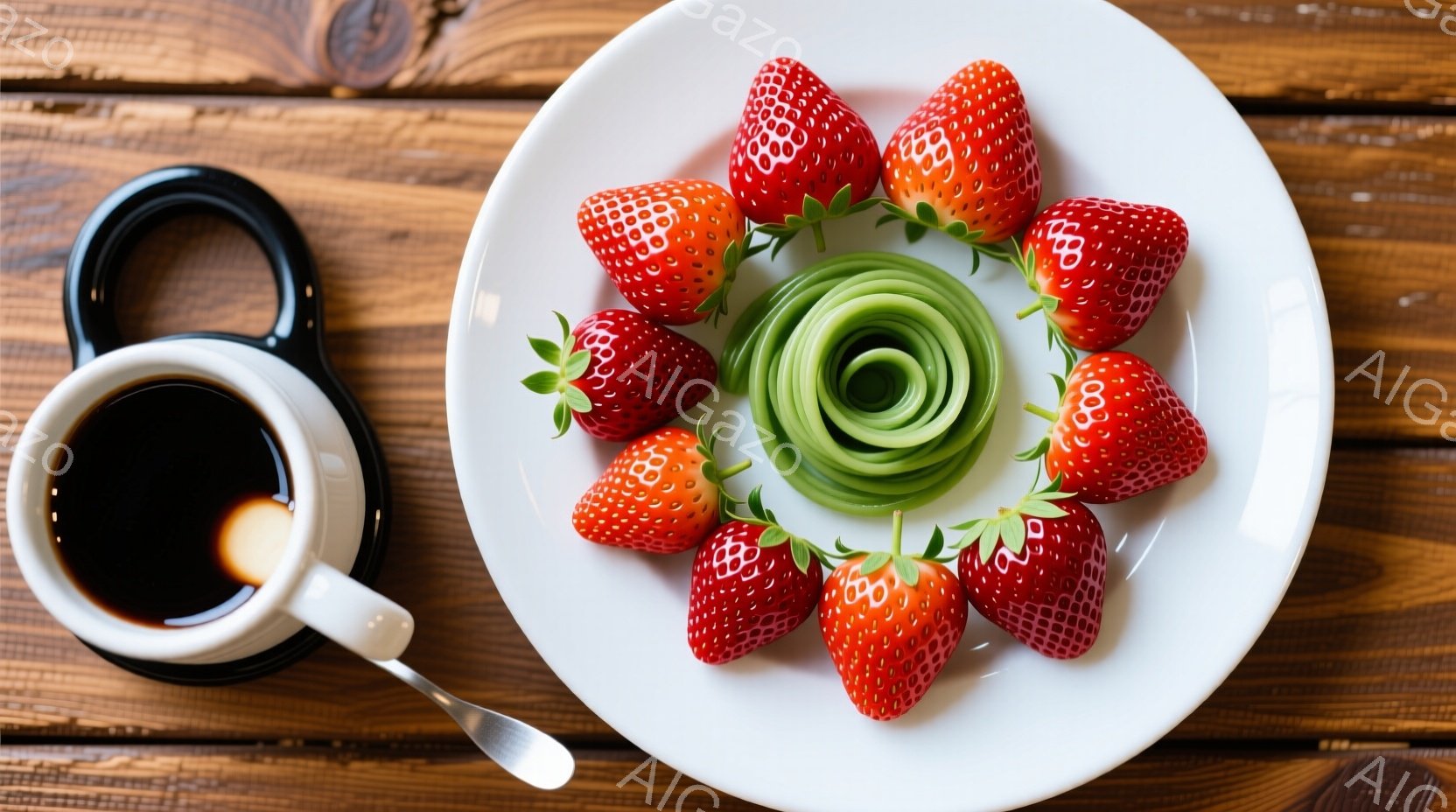 白い皿に、緑色の何かの薄切りが渦巻き状に盛り付けられ、その周りを新鮮なイチゴが8個取り囲んでいます。 近くには、コーヒーまたは紅茶と思われる茶色の液体が入った白いカップと小さなスプーンが置かれています - AI生成フリー素材