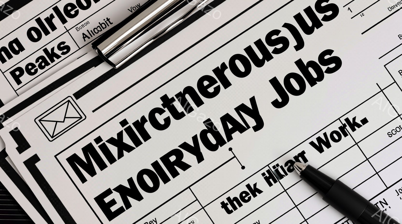 白地に赤い文字で「Mixir Work」と書かれた書類が複数重なり、その上に黒いペンが置かれています。書類には一部「Peaks」や「Hiar」といった単語が読めますが、全体的に書類の表面が少し光沢があり、具体的な内容を読み取ることは難しいです。 全体的にビジネスシーンを連想させる、落ち着いた雰囲気です。