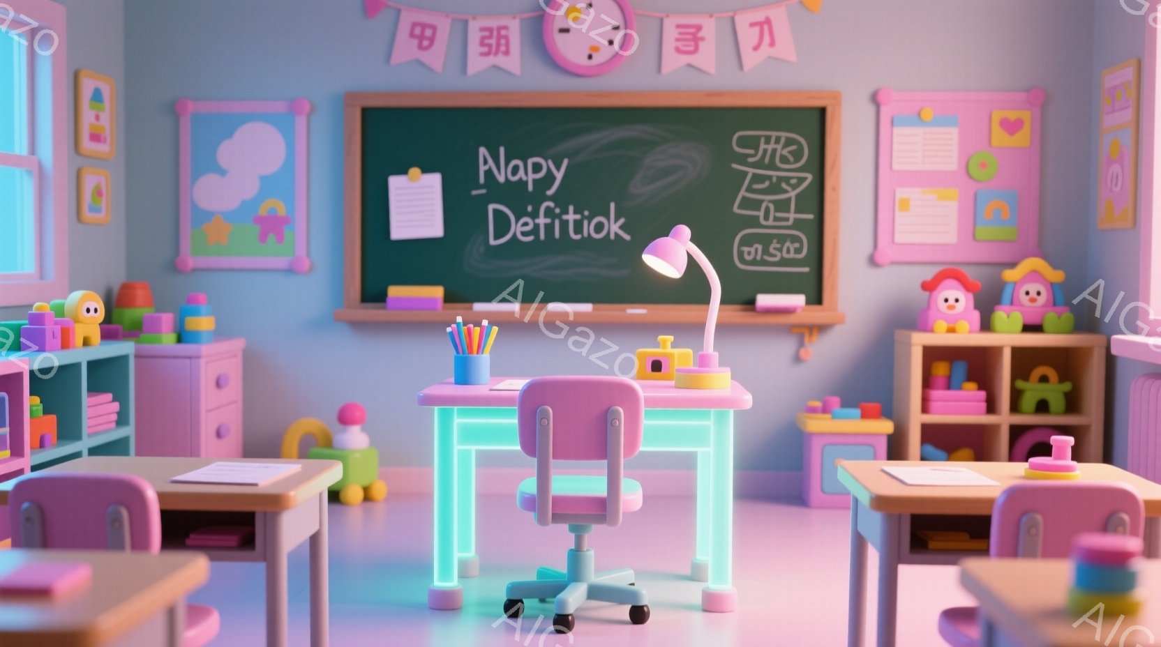 鮮やかなピンクと紫を基調とした幼稚園の教室で、小さな机と椅子が整然と並べられています。黒板にはカラフルな文字とイラストが描かれており、壁には可愛らしい装飾が施されています。全体的にパステルカラーで統一され、遊び心があり、温かい雰囲気が漂っています。