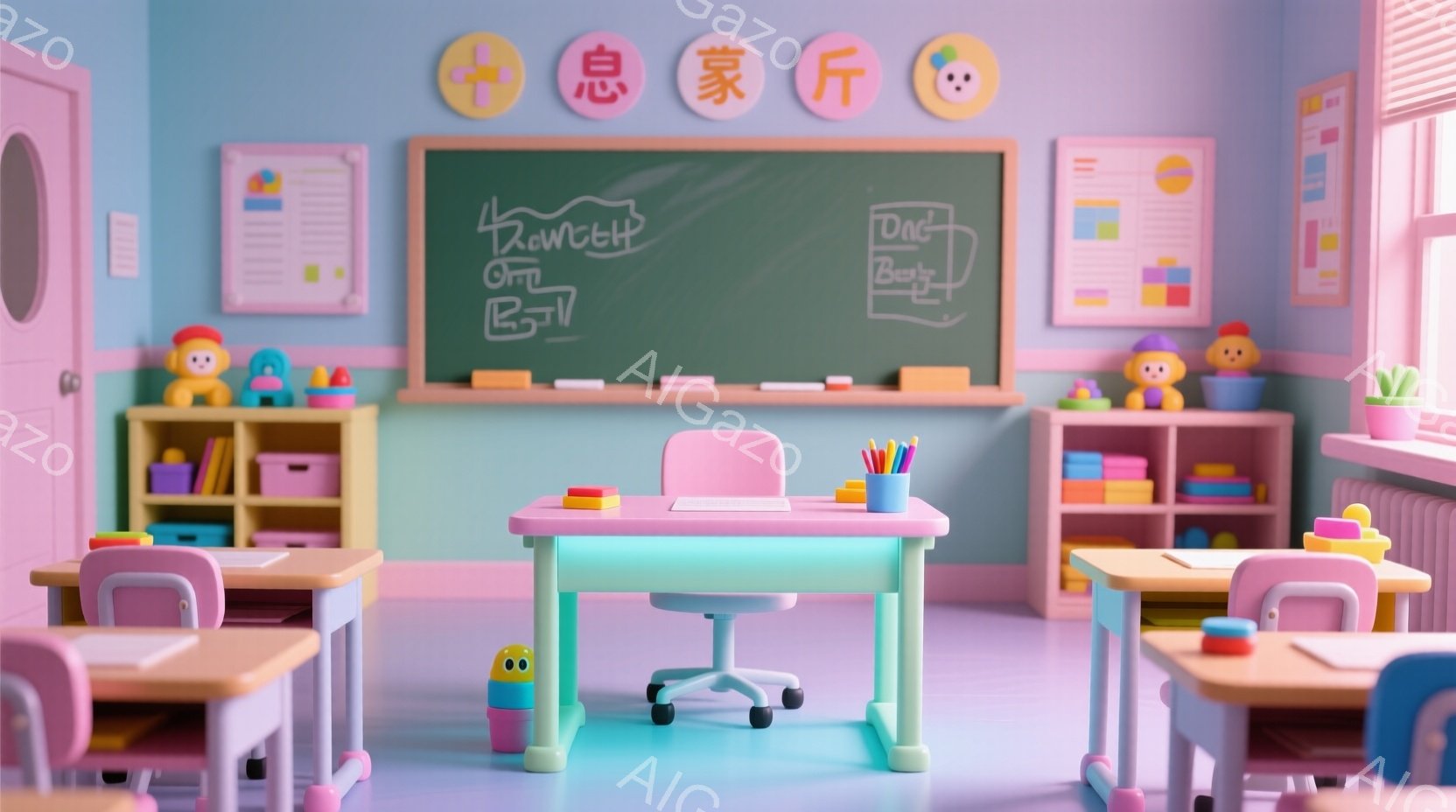 鮮やかなピンクと水色のカラフルな保育園の教室です。小さな机と椅子が整然と並び、中央には白い先生用の机があります。壁にはイラストや絵が飾られ、おもちゃや絵本が積み重ねられ、明るく楽しい雰囲気が漂っています。