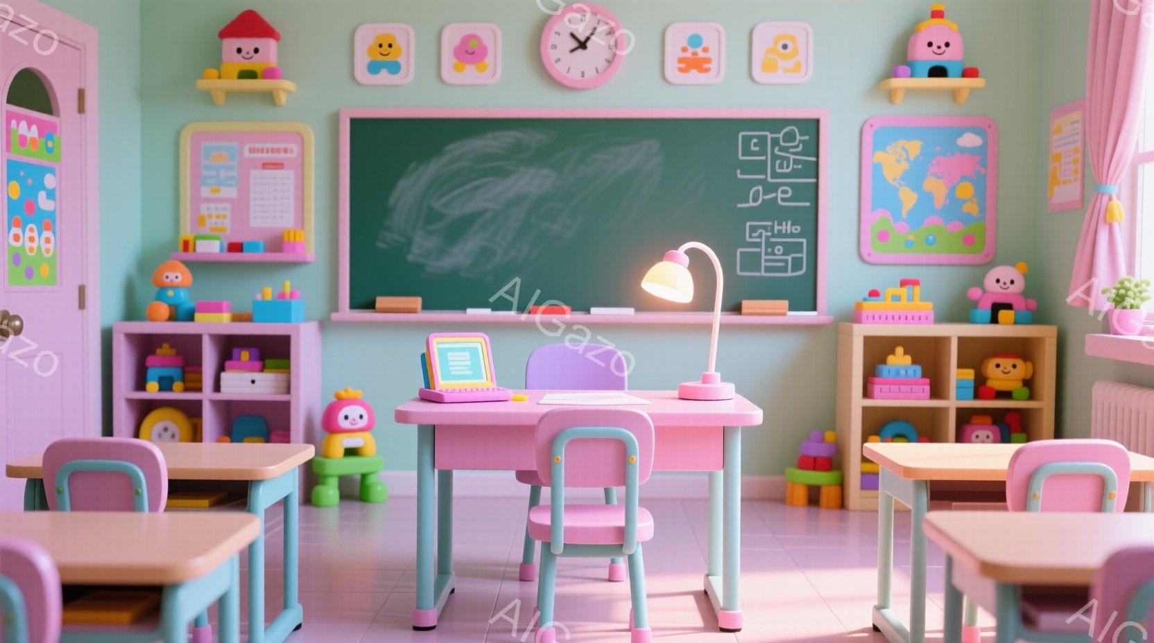 鮮やかなピンクと水色の遊戯室で、小さな机と椅子が整然と並べられています。黒板には落書きが描かれ、壁には子供向けのイラストや時計が飾られています。おもちゃや絵本が収納されたカラフルな棚が室内の装飾を彩り - AI生成フリー素材