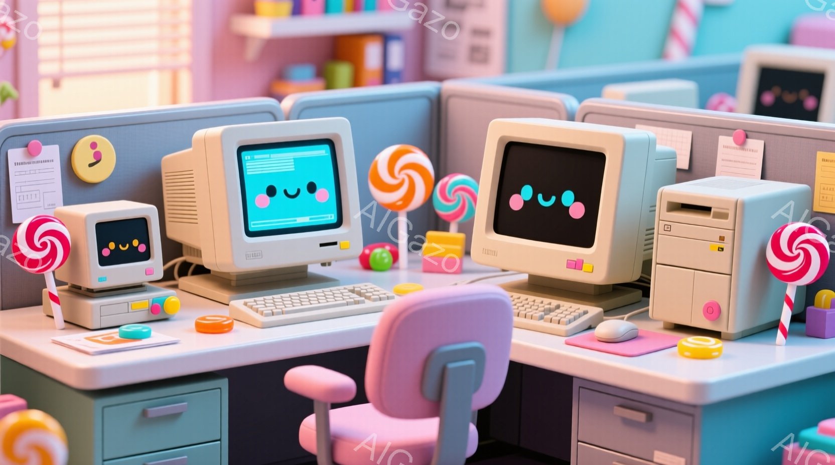 パステルカラーのオフィス空間が描かれており、レトロなコンピュータが配置されたデスクが複数並んでいます。各デスクには、キャンディや小さな可愛らしいオブジェクトが散りばめられ、ディスプレイには笑顔の顔が表 - AI生成フリー素材